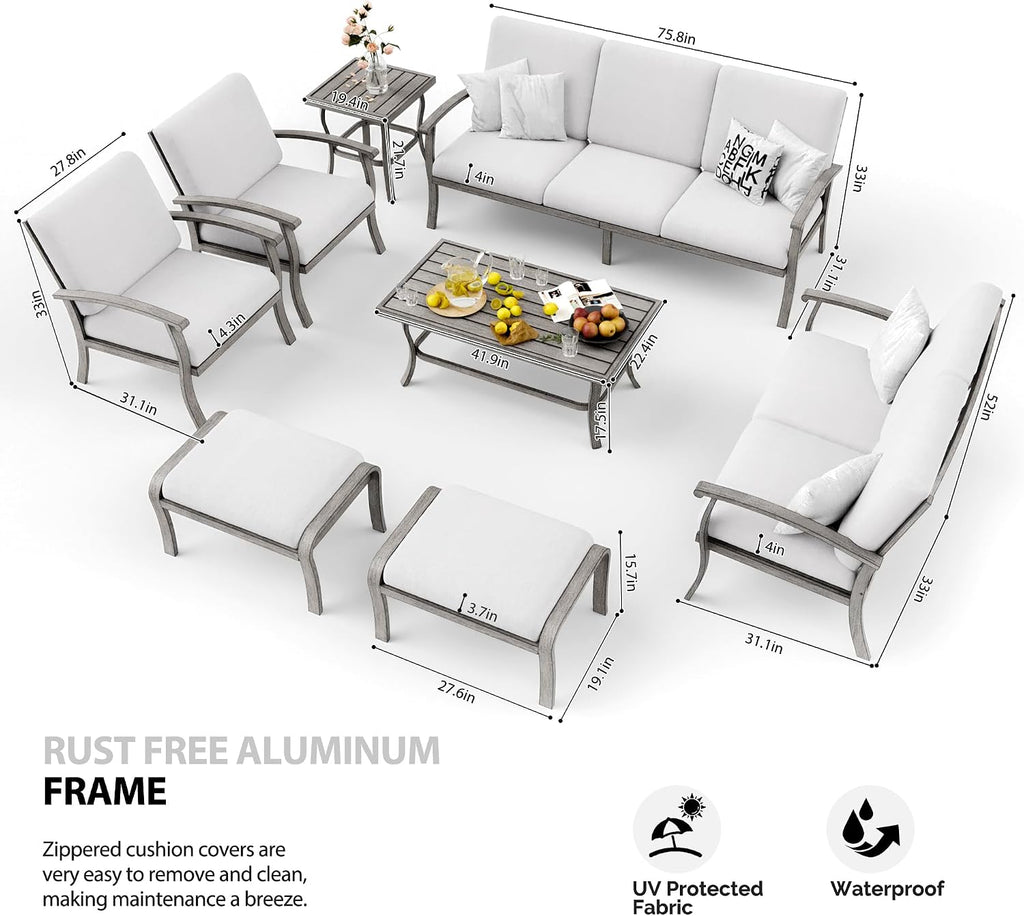 HAPPATIO 8 Piece Aluminum Patio Furniture Set, 3-Seat Outdoor Couch and Loveseat, All-Weather Outdoor Sectional Sofa with Armchairs and Ottomans, Garden Conversation Set with Tables(Gray)