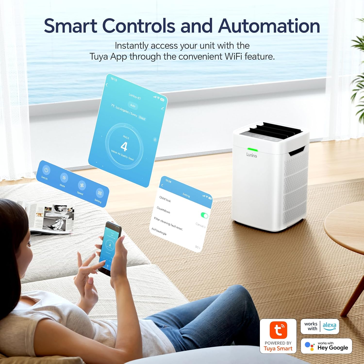 Lunino Air Purifiers for Home Large Room up to 2800 Ft², Double-Sided HEPA Air Purifier with Washable Pre-filter, Smart WiFi, PM 2.5 Air Quality Monitor, 3 Fan Modo, for Pets Hair, Dust, Pollen, Smoke