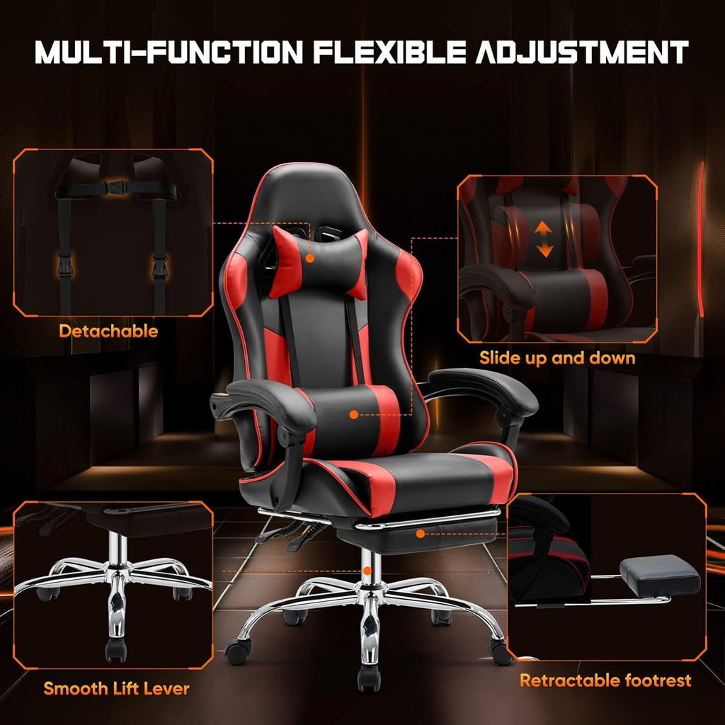 Heavy Duty Gaming Chair, Ergonomic Gamer Chair for Home Office with Footrest, Lumbar Support, Adjustable Backrest, Stable 360° Swivel Wheels for Adults, Professional Gamers and Teens, Red