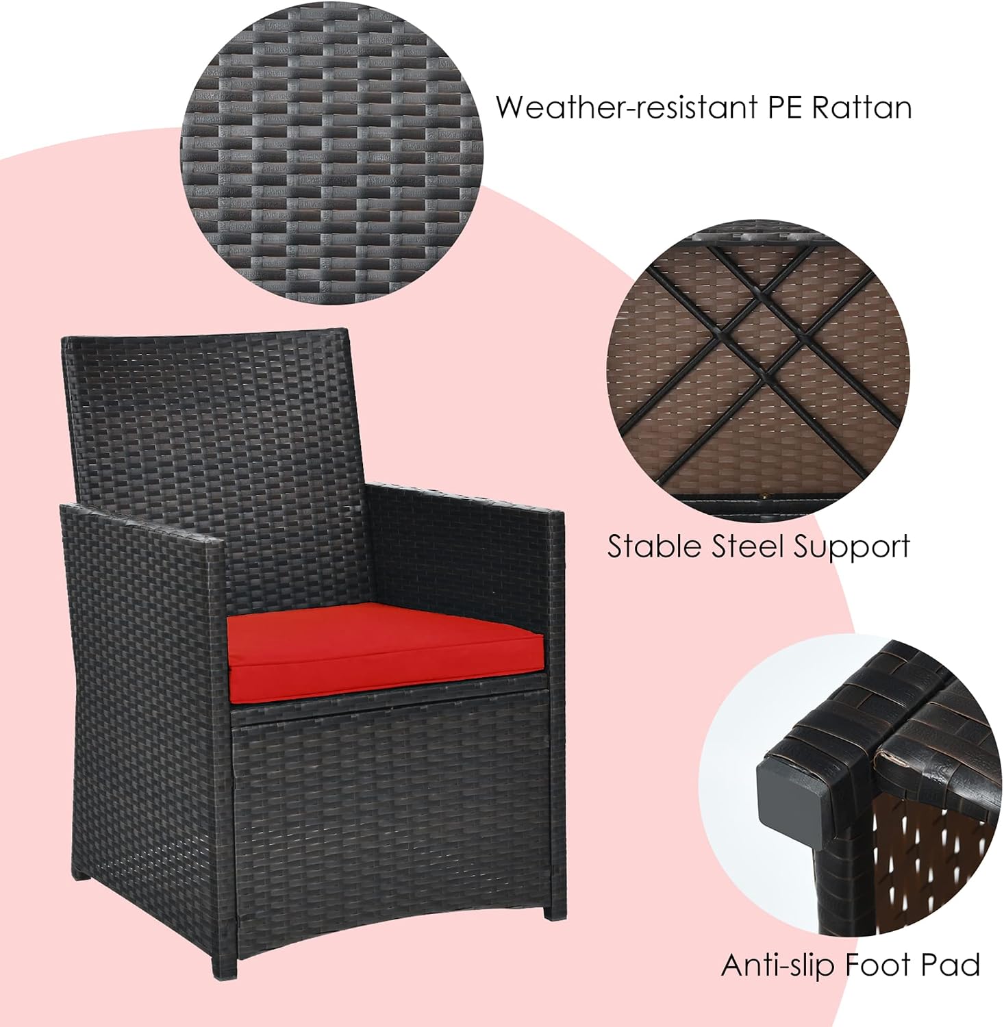 DORTALA Wicker Patio Bistro Set 3 Piece, Outdoor Table and Chairs with Tempered Glass Tabletop, Cushions, Small Rattan Furniture Conversation Sofa Set for Balcony, Porch, Backyard, Deck, Red