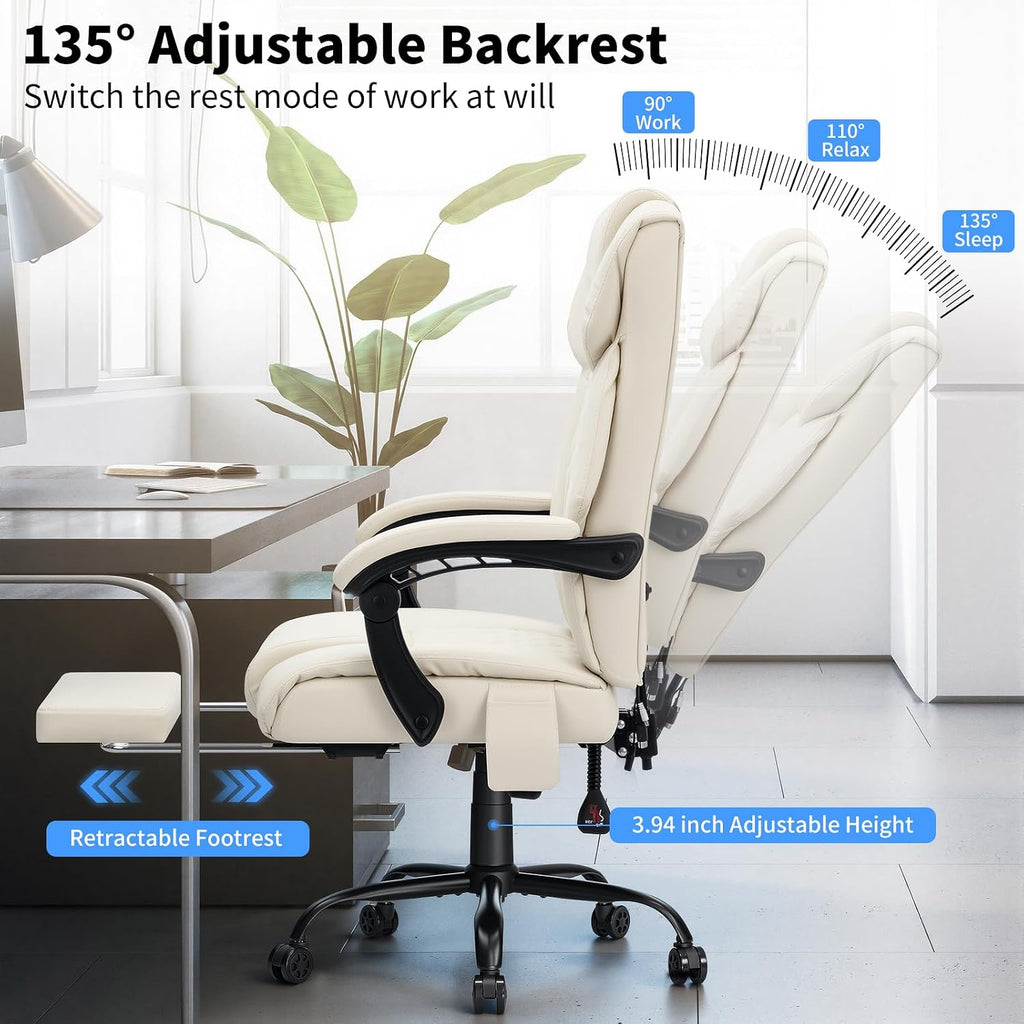 HOFFREE 7 Points Vibration Massage Office Chair with Heat Ergonomic Executive Office Chair with Footrest Reclining Home Office Desk Chairs Beige