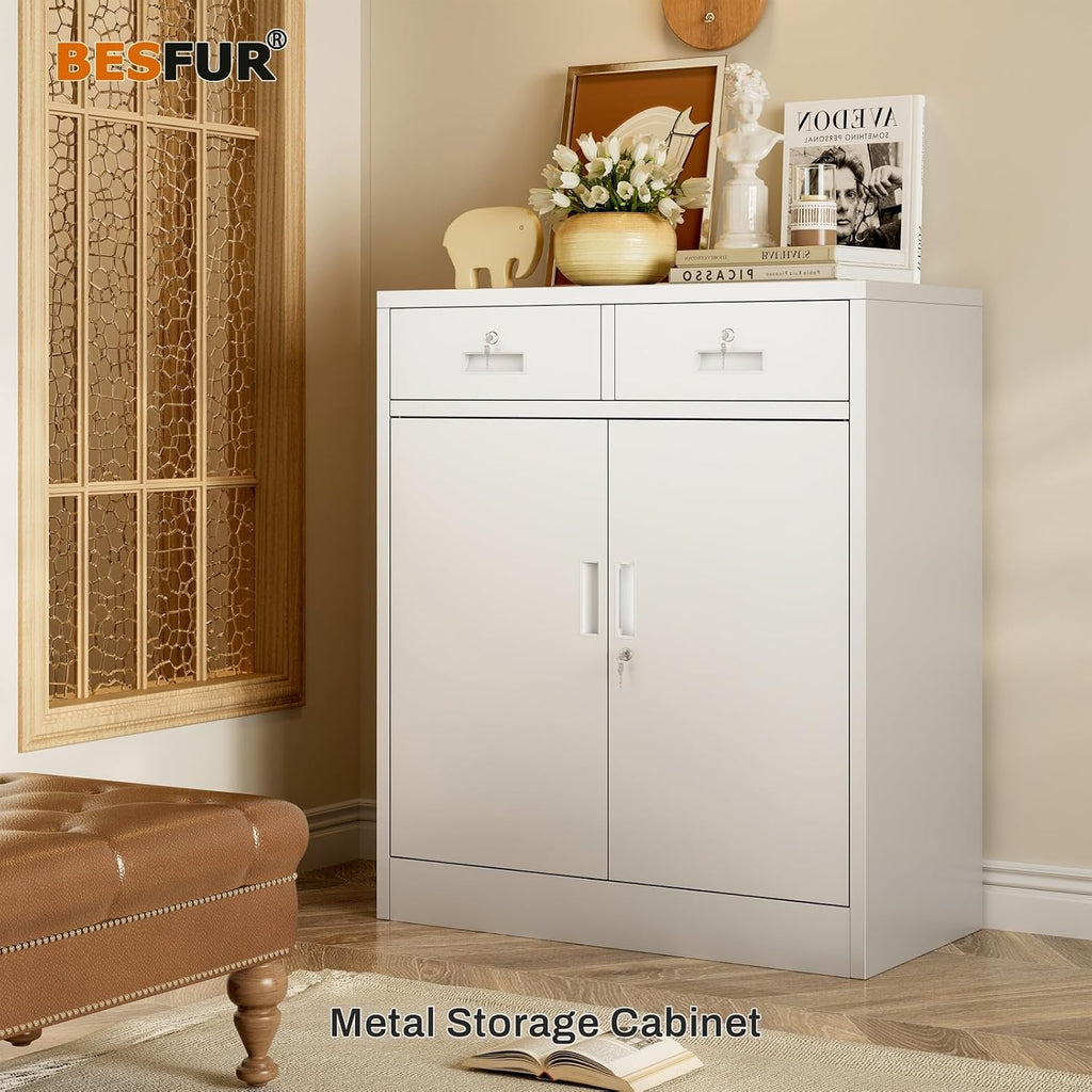 BESFUR Metal Garage Storage Cabinet with Two Lockable Drawers 2 Locking Doors and an Adjustable Shelf, 36' White Metal Short Storage Cabinet for Home Office, Garage,School,Utility Room