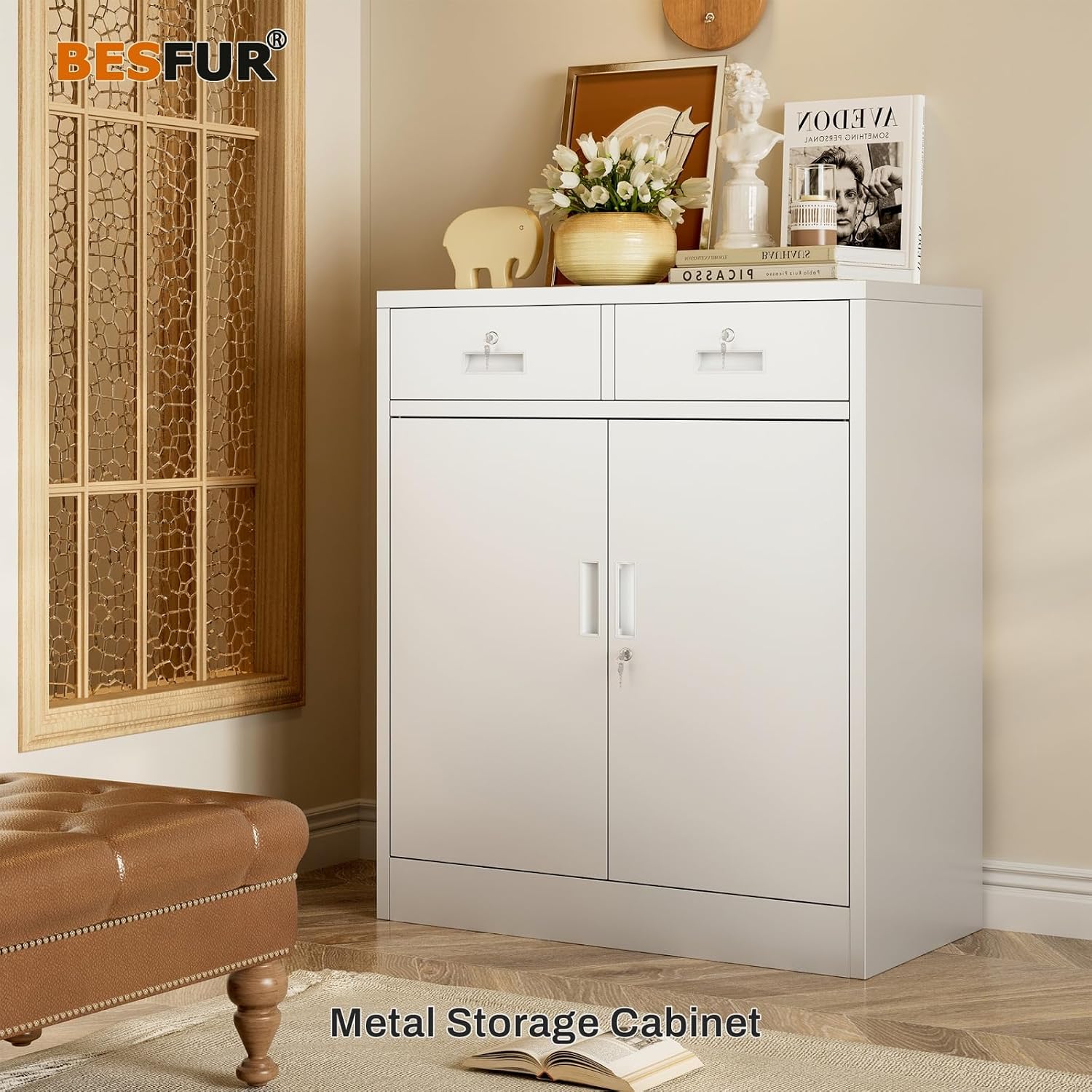 BESFUR Metal Garage Storage Cabinet with Two Lockable Drawers 2 Locking Doors and an Adjustable Shelf, 36' White Metal Short Storage Cabinet for Home Office, Garage,School,Utility Room