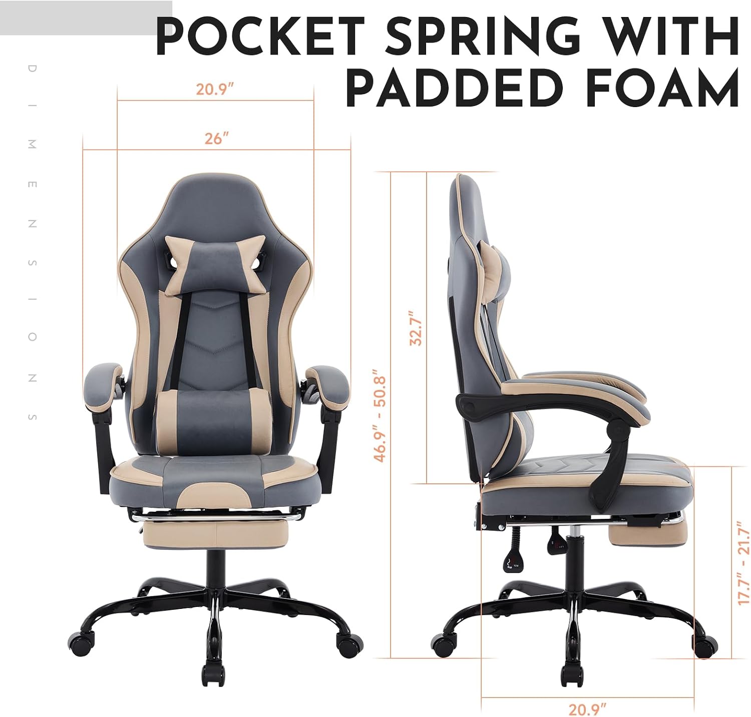 Gaming Chair with Footrest, Ergonomic Computer Chair with Headrest and Lumbar Support, Breathable Material Height Adjustable Swivel Video Game Chairs for Adults, 300lbs Max, Black & Beige