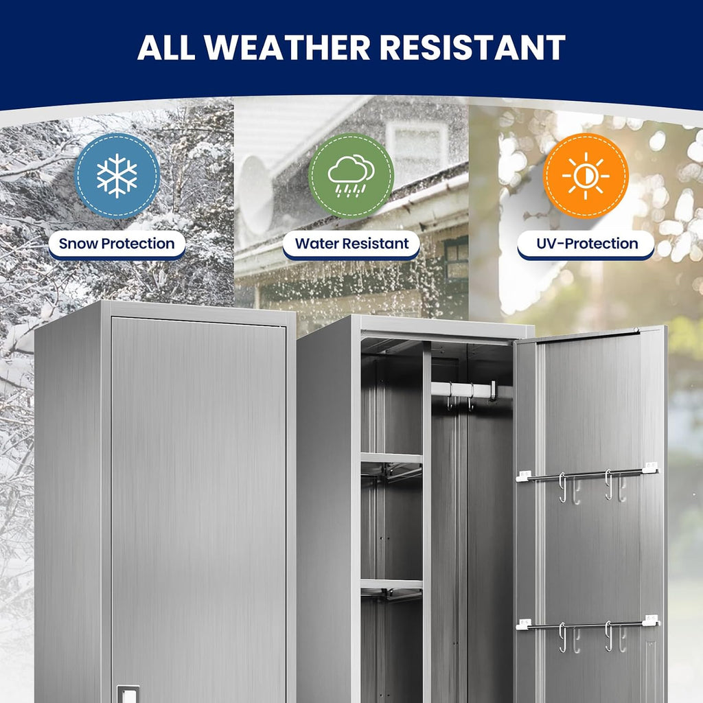 Yizosh Outdoor Storage Cabinet,Metal Broom Cloest Storage Cabinet with Locking Doors and Shelves,- 71 H Broom Closet with Hang Rods for Yard,Garden,Garage,Pation