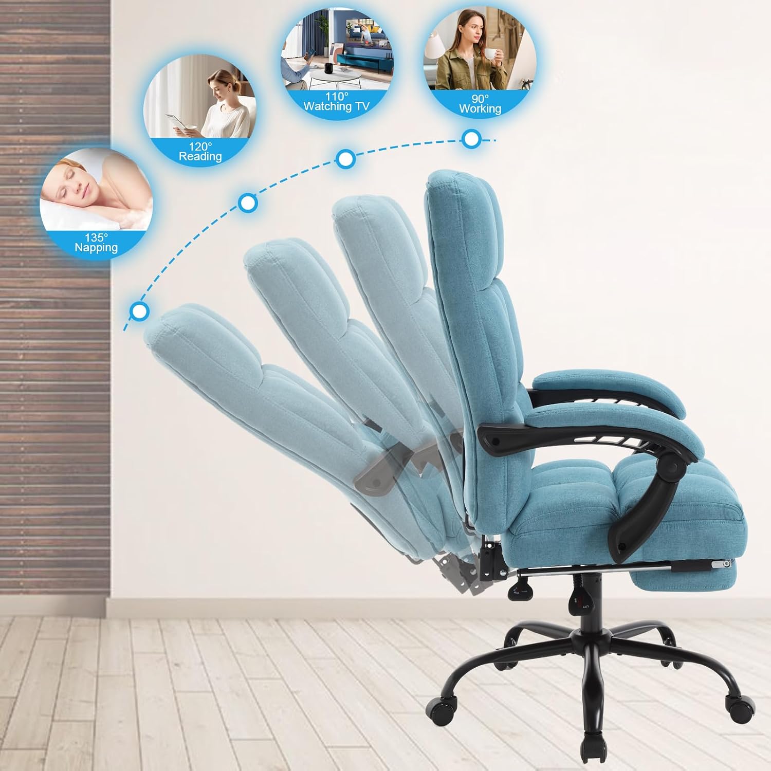 Erogonomic Reclining Office Chair with Footrest, High Back Fabric Cute Comfortable Recliner Office Desk Chair with Leg Foot Rest for Women,Blue