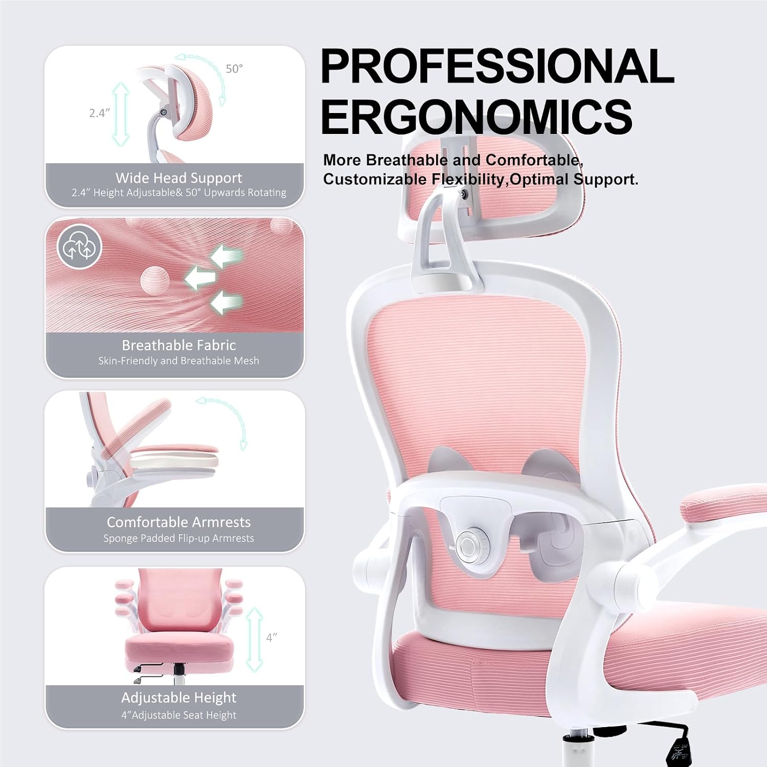 Ergonomic Office Chair,Ultra Thick Office Desk Chair with Adjustable Lumbar Support and Headrest,Spring Cushion,Rocking Function,Flip-up arms,Mesh Computer Chair for Home Office,Pink