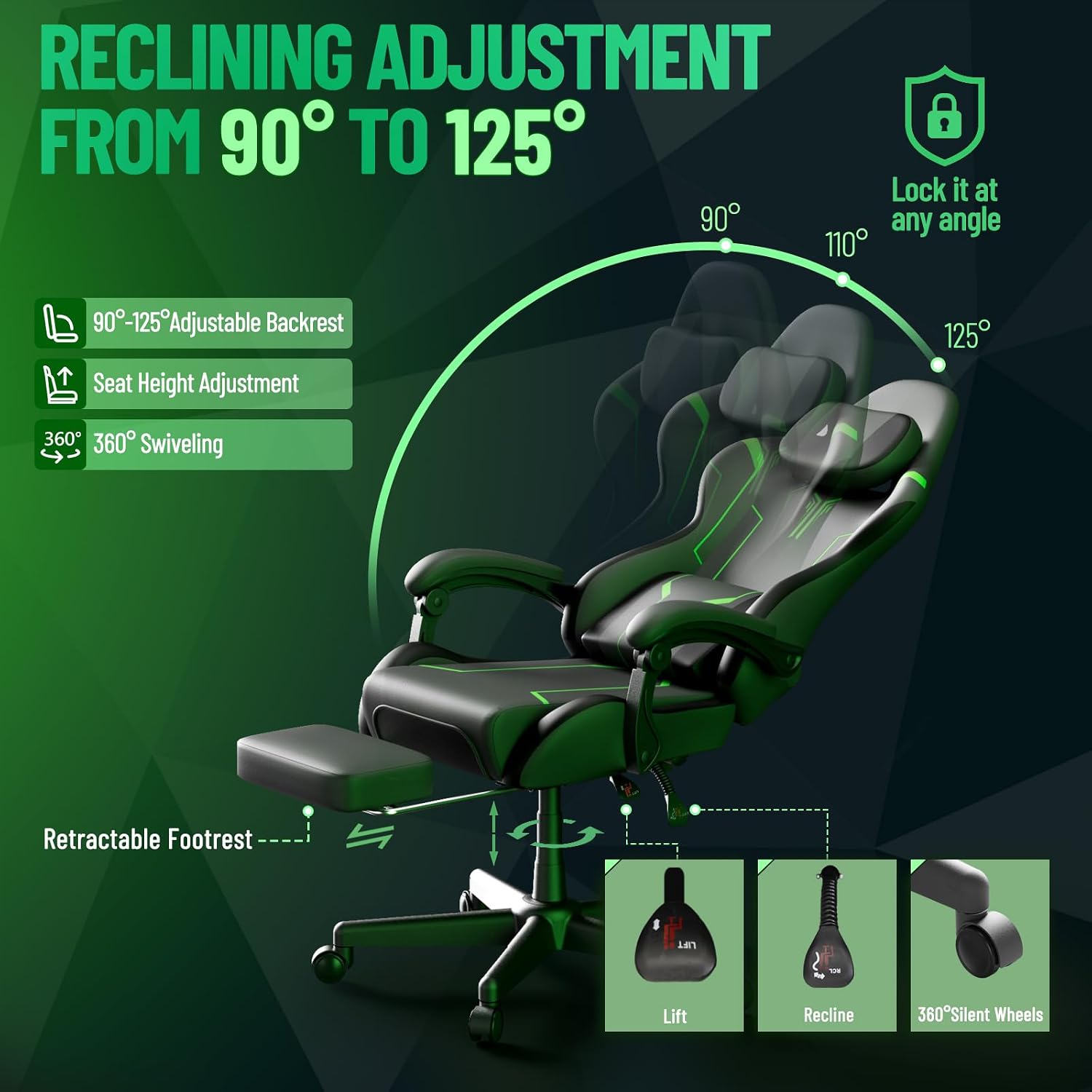 Soontrans PU Leather Ergonomic Gaming Chair, High Back Computer Chair with Footrest and Linkage Armrest, Office Video Game Chair with Massage Lumbar Support for Adult, Grey/Black