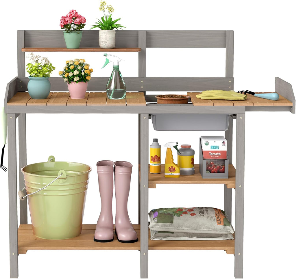 Wooden Potting Bench Table with Sink, Outdoor Garden Table Work Bench with Shelf, Workstation for Outside Patio Lawn