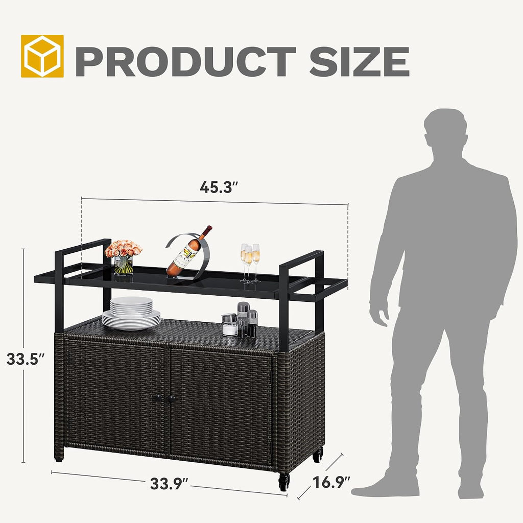 DWVO Patio Storage Cabinet,Outdoor Bar Cart with Glass Top,Outdoor Storage Table with Wheels for Patio, Poolside and Backyard,Black