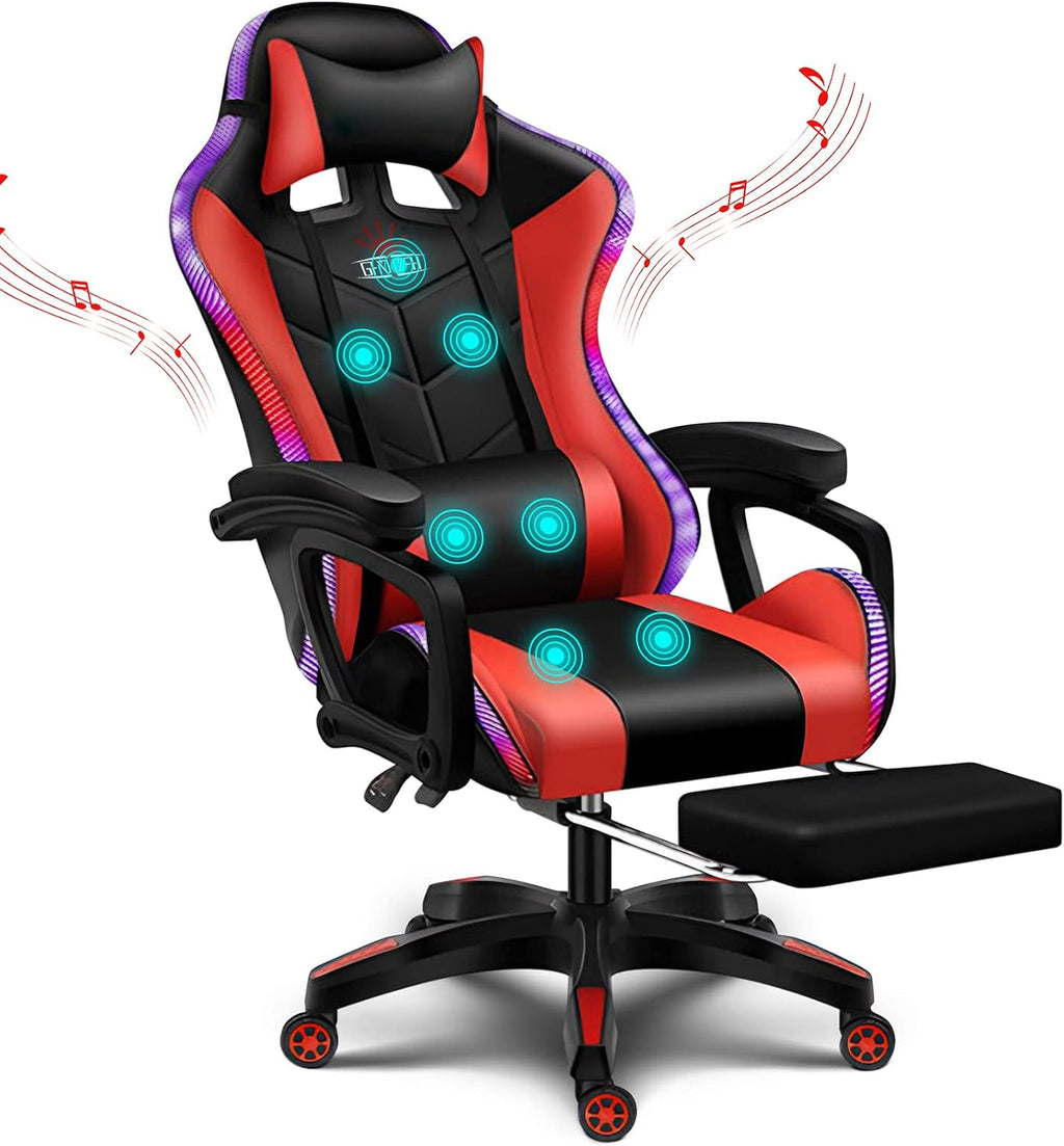 RGB Gaming Chair with Speakers, Massage Computer Chair Ergonomic Racing Game Chairs for Teens PU Leather Recliner Swivel Gamer Chair with Lumbar Support Headrest Armrest and Footrest,Red