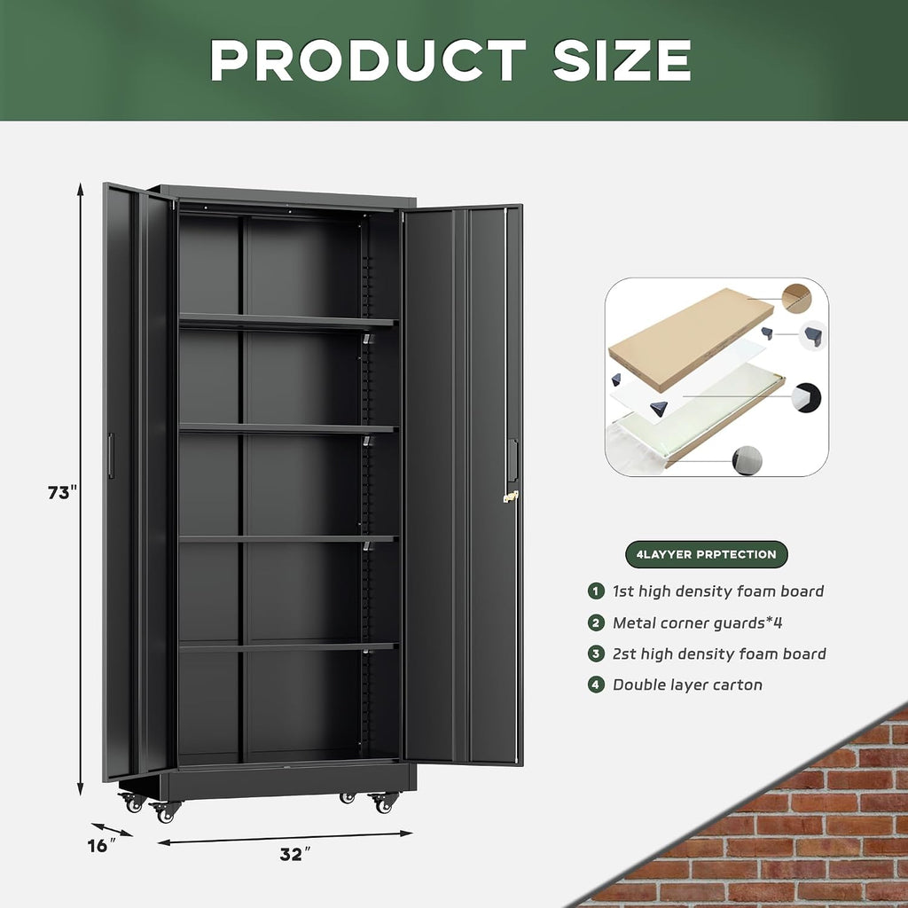 Greenvelly Metal Storage Cabinet with Wheels, 73' Black Lockable Rolling Storage Cabinets with Doors and 4 Adjustable Shelves, Large Steel Cabinet for Garage, Office, Home, School