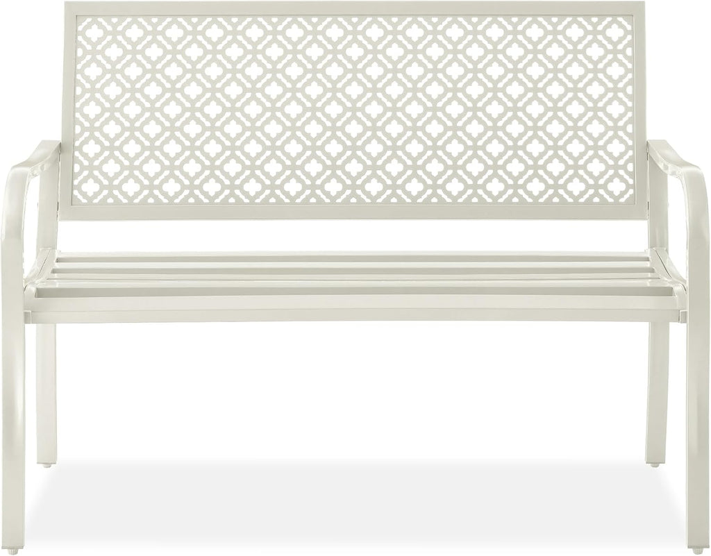 Best Choice Products Outdoor Bench 2-Person Metal Steel Benches Furniture for Garden, Patio, Porch, Entryway w/Geometric Backrest, 790lb Capacity - Ivory