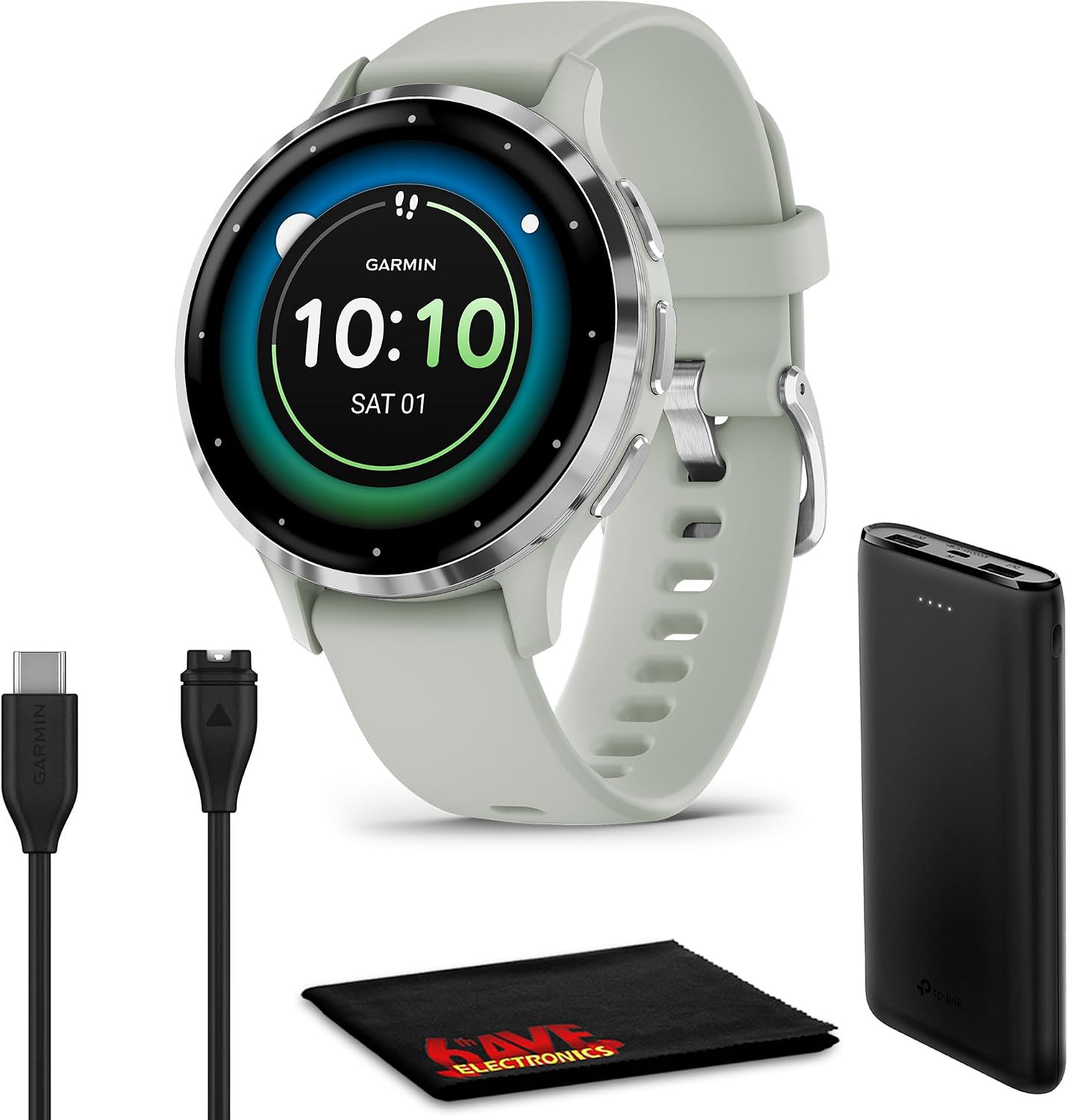 Garmin Venu 3S Advanced Fitness and Health Tracker Smart Watch Silver Stainless Steel Bezel with 41MM Sage Gray Case and Silicone Band 1.2 Inch AMOLED Display Bundle
