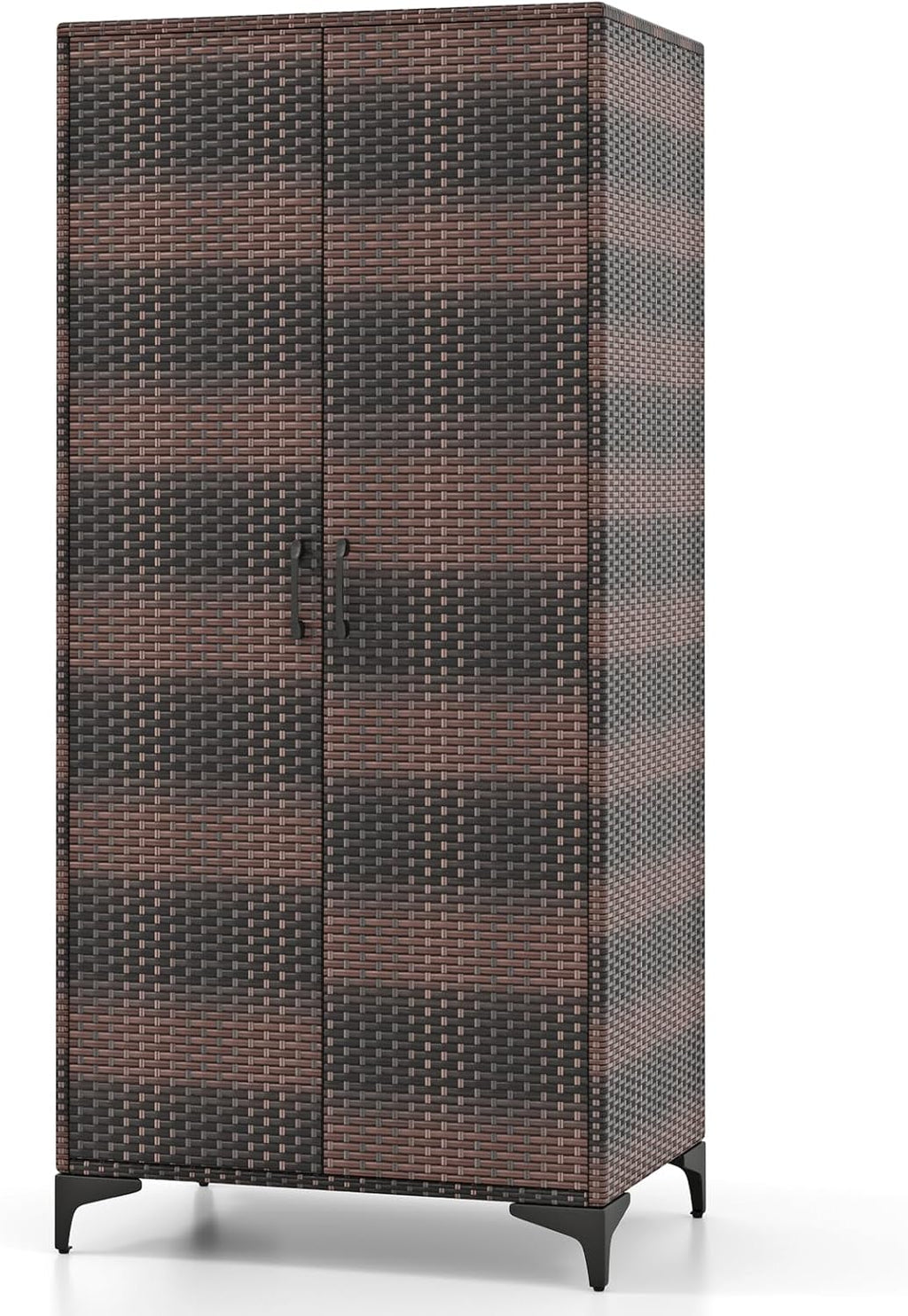 Giantex Wicker Storage Cabinet, 62' Tall Pantry Cabinet with 2 Doors, Hanging Rod, 4 Storage Cubes, Metal Legs, Anti-Tipping Device, PE Rattan Storage Cabinet for Home Office, Garage Cabinets (Brown)