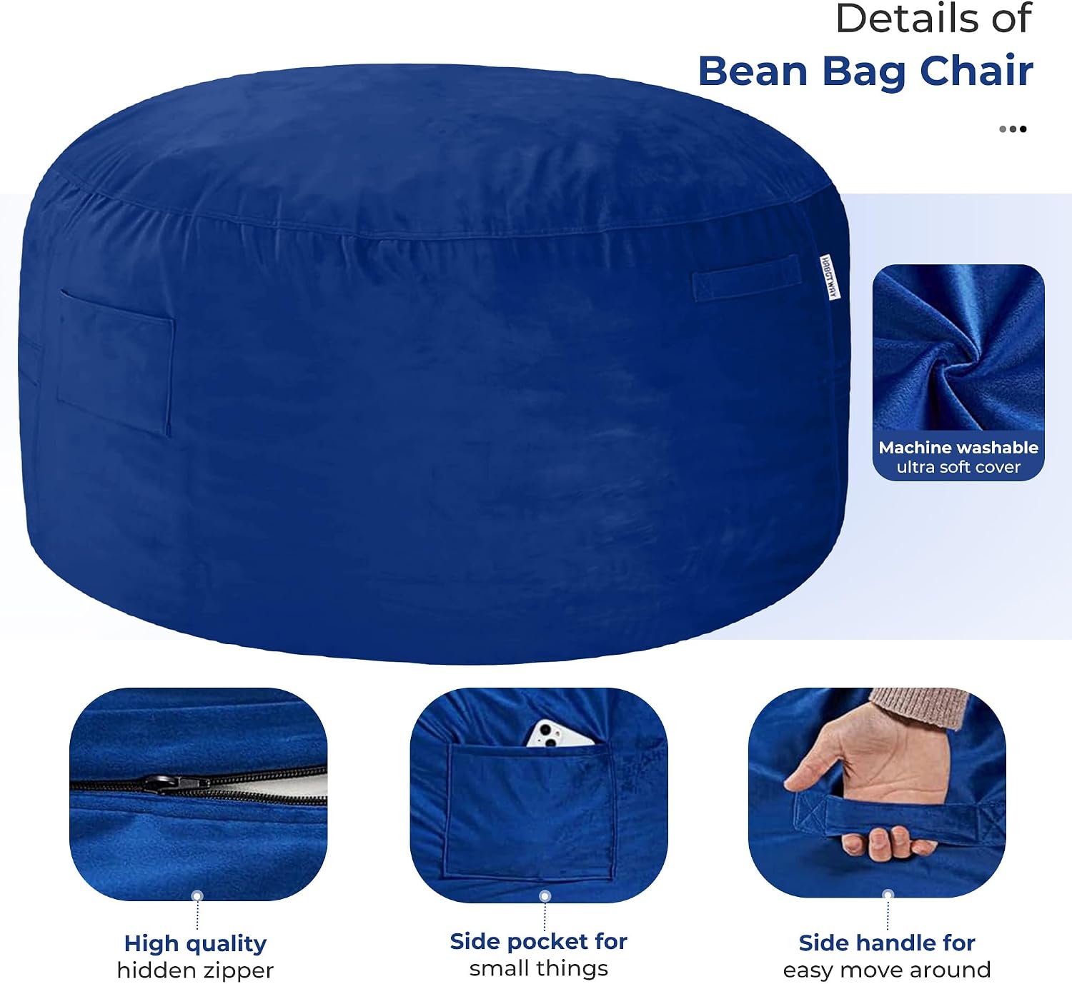 HABUTWAY Bean Bag Chair: Giant 5' Memory Foam Furniture Bean Bag Chair for Adults with Microfiber Cover 5Ft (Blue)