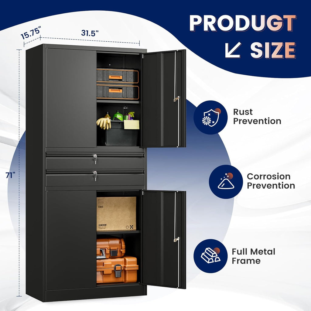 Yizosh Metal Garage Storage Cabinet with Locking Doors and Adjustable Shelves, 71' Tool Storage Cabinet with 2 Drawer for Garage,Warehouse