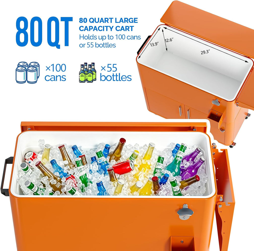 VINGLI Patio Cooler, Ice Chest with Storage Cabinet, Bottle Opener Drainage, Outdoor Cooler for Party, Deck, Pool