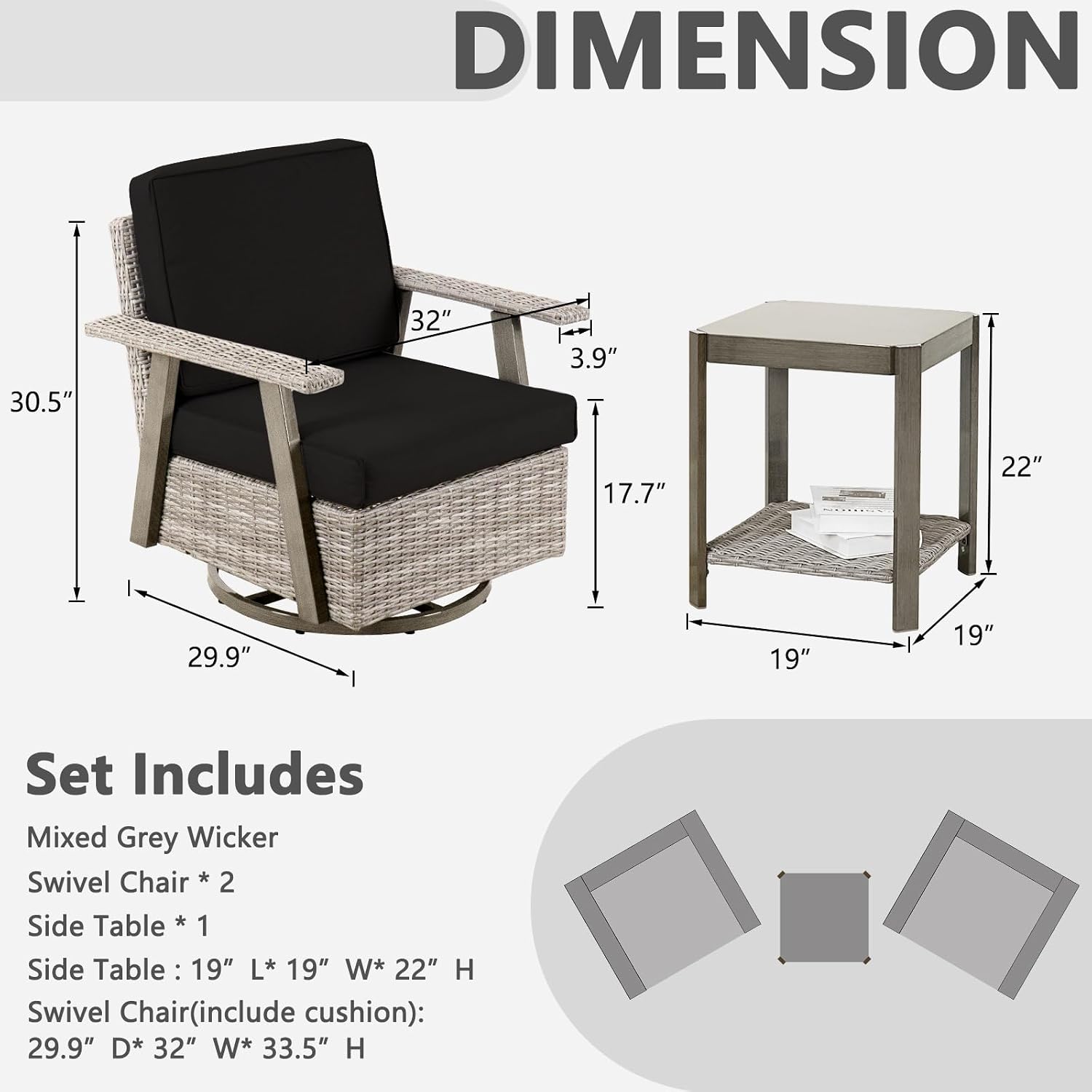 3 Pieces Outdoor Patio Furniture Set with Swivel Rocking, PE Wicker Outdoor Swivel Chairs Set of 2 with Side Table, Oversized Patio Rocking Chairs Set for Porch, Balcony, Deck, Backyard(Black)