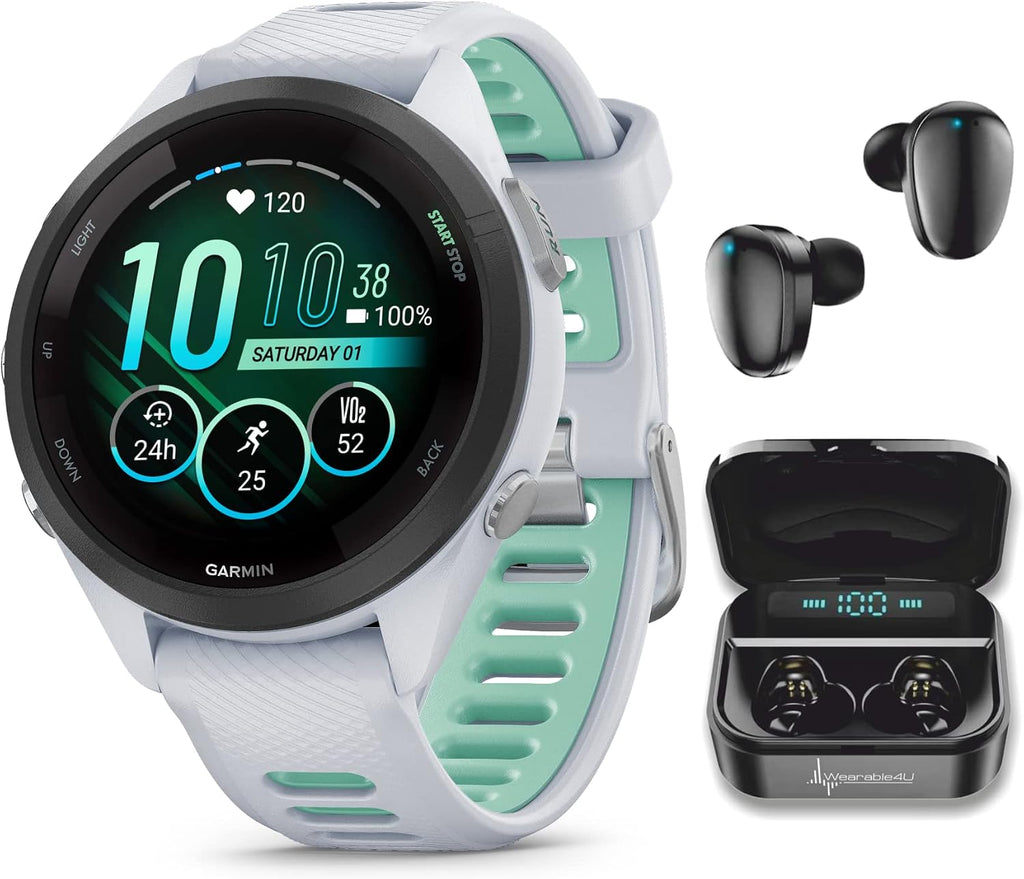 Garmin Forerunner 265S Music GPS Running 42 mm Smartwatch, Whitestone with AMOLED 1.1in Touchscreen Display Black Earbuds Bundle, White +Blk EarBuds