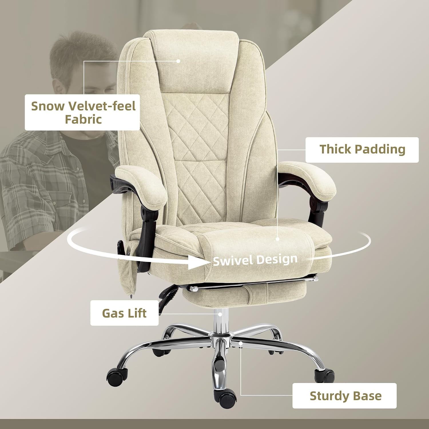 Vinsetto Massage Office Chair with Foot Rest, Executive Computer Desk Chair with 6 Vibration Point and Heat, Reclining Backrest, Swivel Wheels, Adjustable Height, Beige