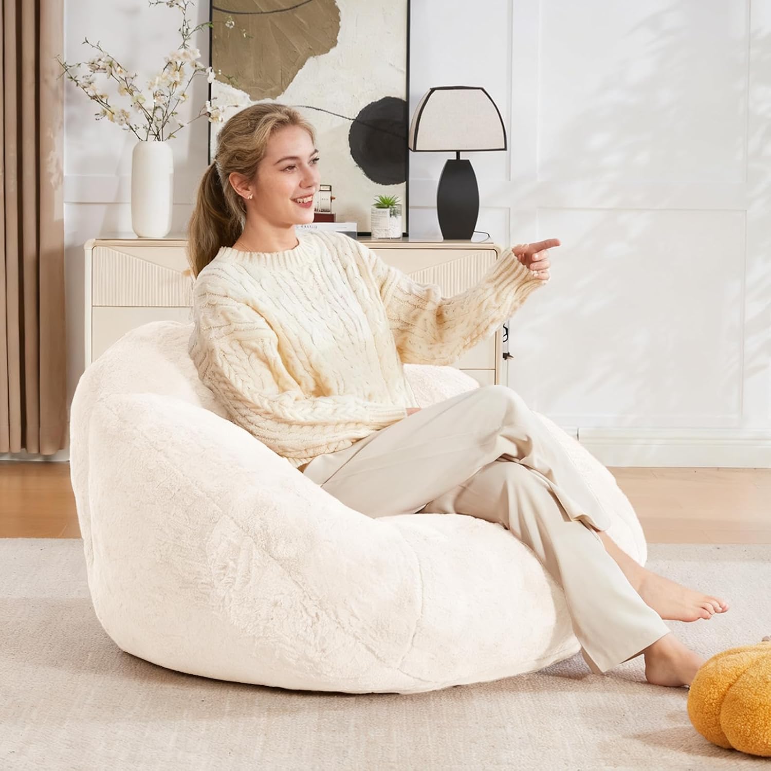 3.28 Feet Bean Bag Chair for Adults, Shell-Shaped Bean Bag Lazy Couch, Faux Fur Cloud Sofa Chair, Lounge Floor Sofa with Filler for Reading, Gaming & Watching, No Assembly Required (Beige)