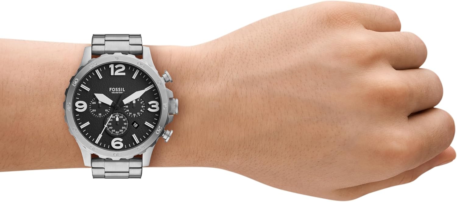 Fossil Men's Nate Quartz Watch, Oversized Stainless Steel Chronograph Watch for Men