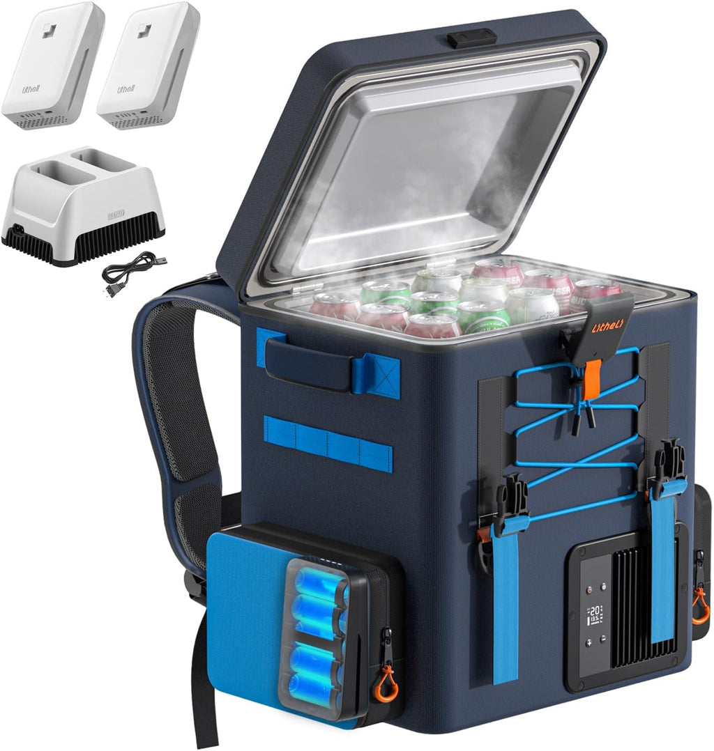 LiTHELi FrozenPack 12V Car Refrigerator, 20L/21QT Portable Electric Cooler, -4~68℉ Travel Fridge Freezer for Camping, Road Trips, RV, Boat & Beach, 2x4.0Ah Batteries and Duat Port Charger
