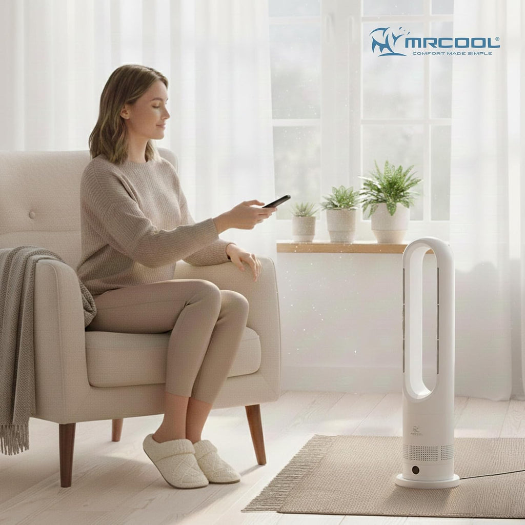 MRCOOL MrBreeze 4K BTU Bladeless Heating & Cooling Tower Fan, Quiet Portable Electric Indoor Heater with Oscillation and Remote Control, White