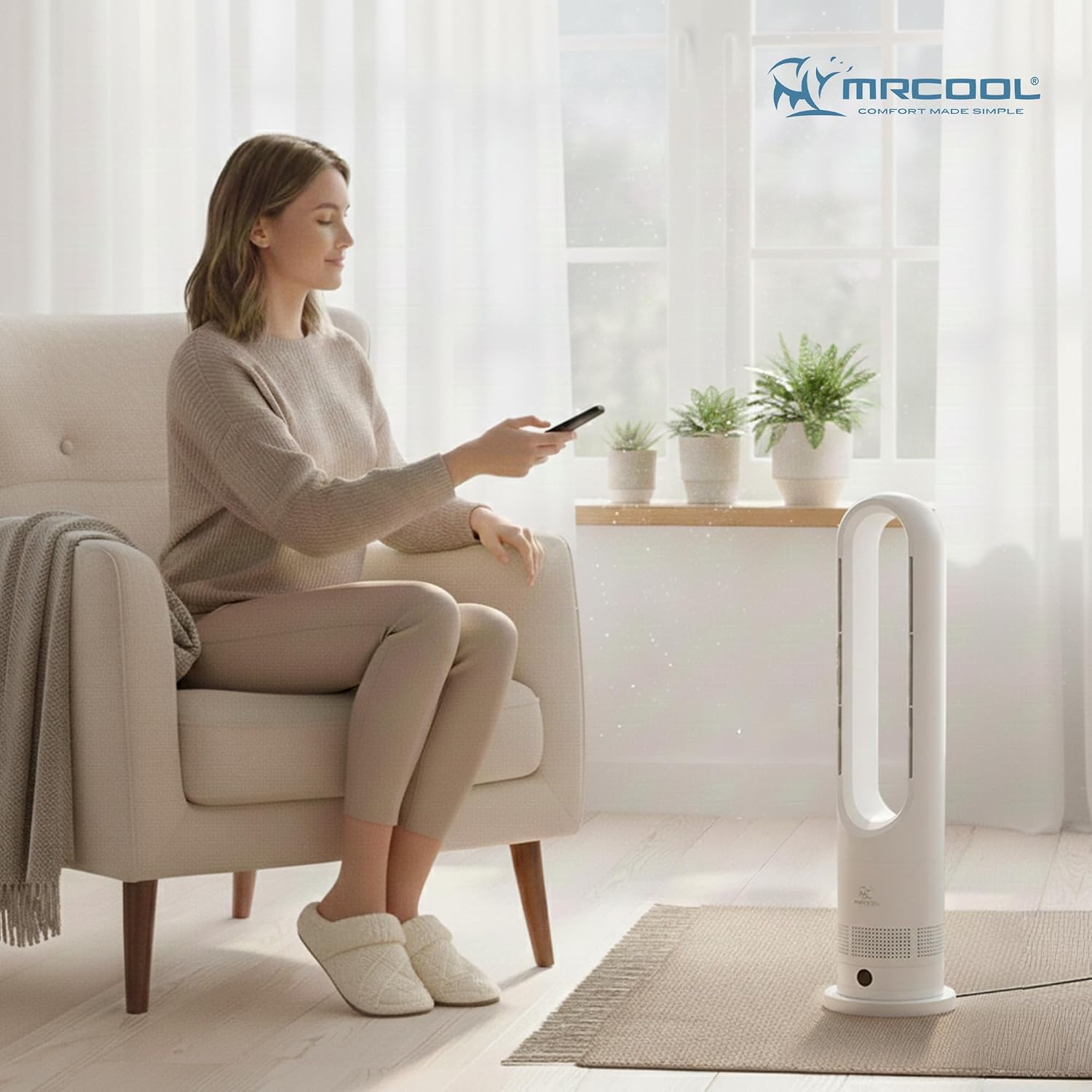 MRCOOL MrBreeze 4K BTU Bladeless Heating & Cooling Tower Fan, Quiet Portable Electric Indoor Heater with Oscillation and Remote Control, White