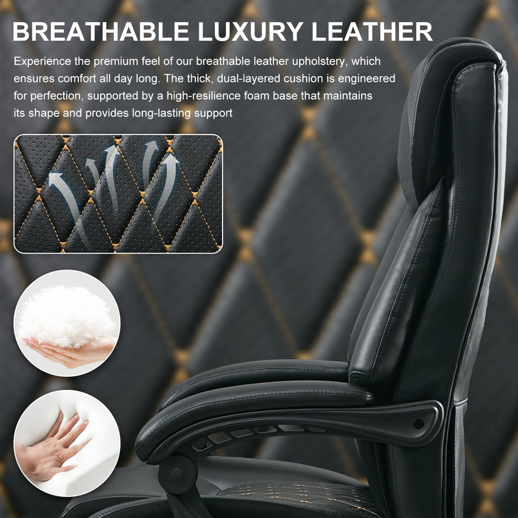 Reclining Office Chair with Retractable Footrest & Adjustable Lumbar Support - 500 lbs Capacity for Big and Tall Users, Leather Executive Desk Chair for Home Office, Work, and Relaxation, Black