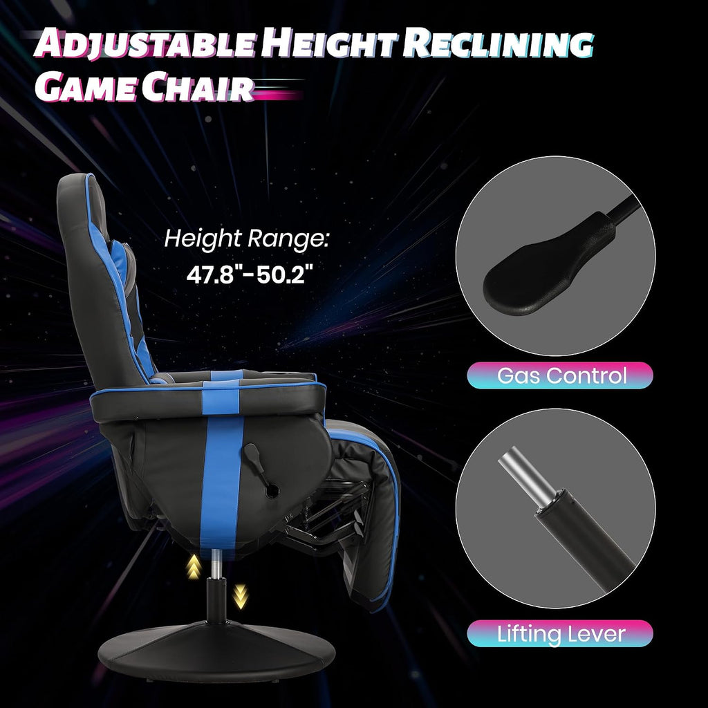 Game Reclining Chair with Adjustable Height, PU Gaming Chair with Massage, Long Footrest and Lumbar Support, High Back Swivel Computer Game Chair for Adult(Blue)