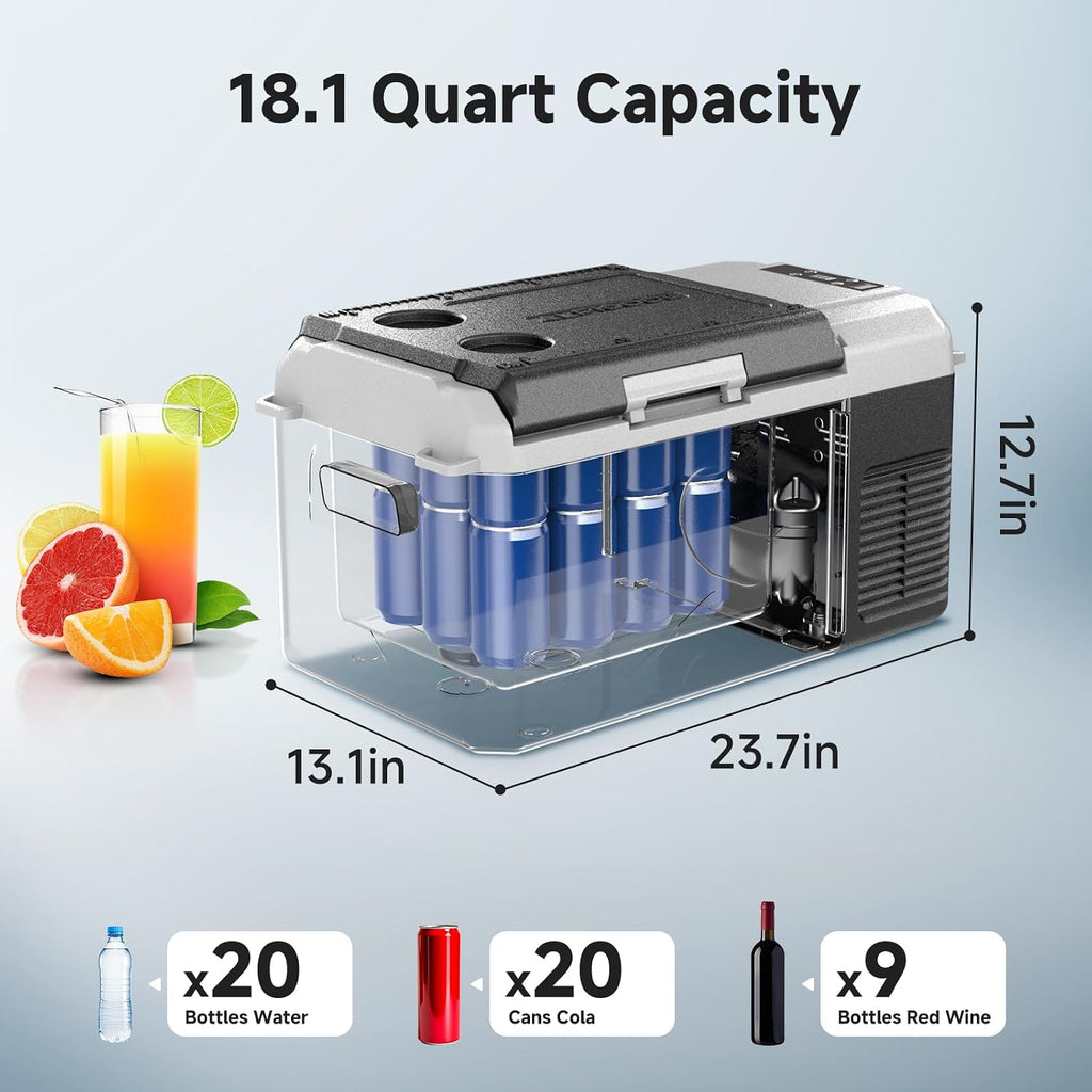 BODEGACOOLER 12 Volt Refrigerator, 18 Quart 12V Car Fridge, Portable Freezer (-4℉ to 68℉), Compressor Electric Cooler 12/24V DC 110~240 Volt AC for Truck Van RV Camping Road Trip