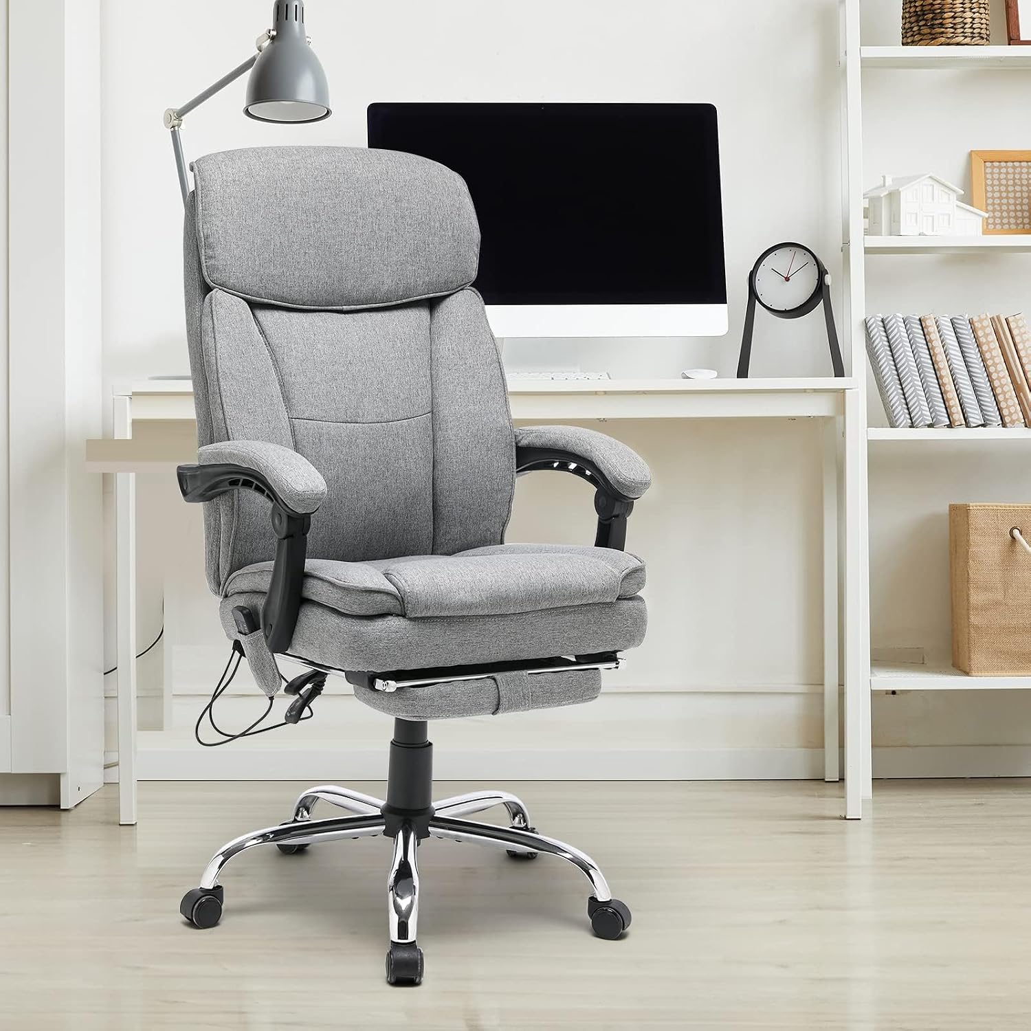 HOMREST Reclining Office Chair with 4-Point Massage, Breathable Fabric Executive Chair with Retractable Footrest, Ergonomic Computer Chair with High Back, Reclining Gaming Chair for Home, Grey
