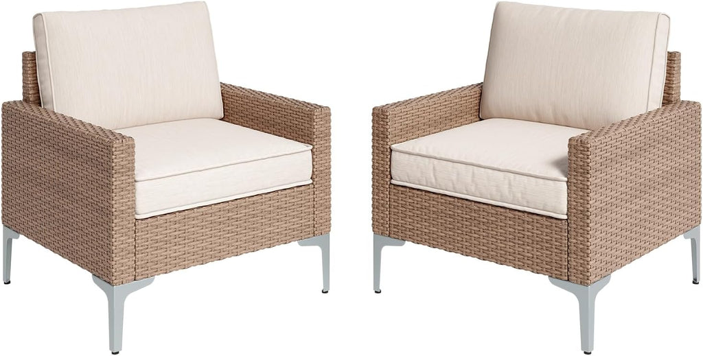 2-Piece Outdoor Single Chairs, All-Weather Wicker Patio Sofa Set with Cushions for Garden, Poolside, Porch, Beige
