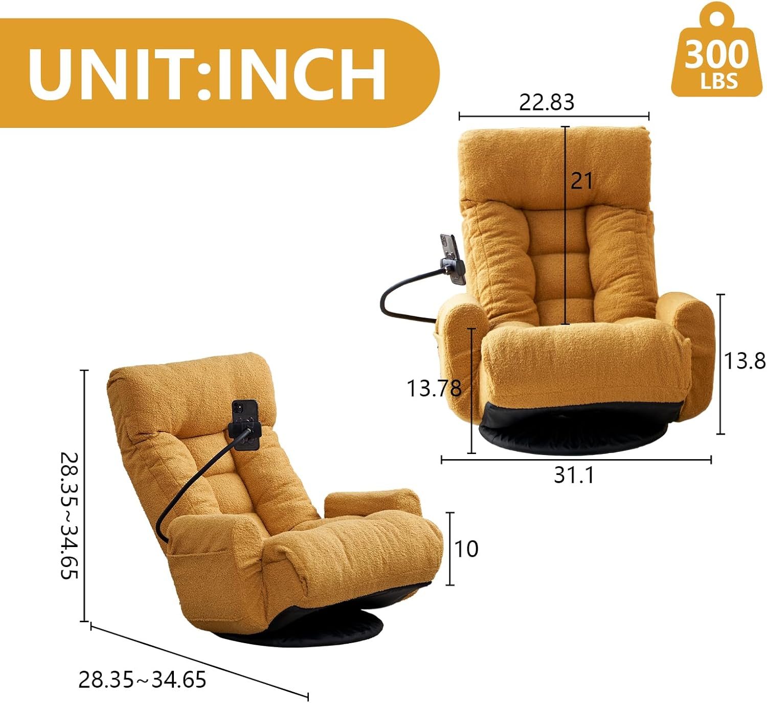 360° Swivel Gaming Floor Chair, 5 Position Adjustable Folding Sofa Chair with Armrests & Phone Holder, Cushion Padded Indoor Chaise Lounge for Adults, Home Office Floor Leisure Chairs, Yellow