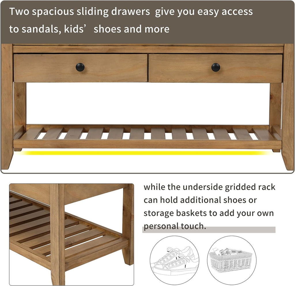 Harper & Bright Designs TREXM Shoe Rack with Cushioned Seat and Drawers, Multipurpose Entryway Storage Bench (Old Pine)