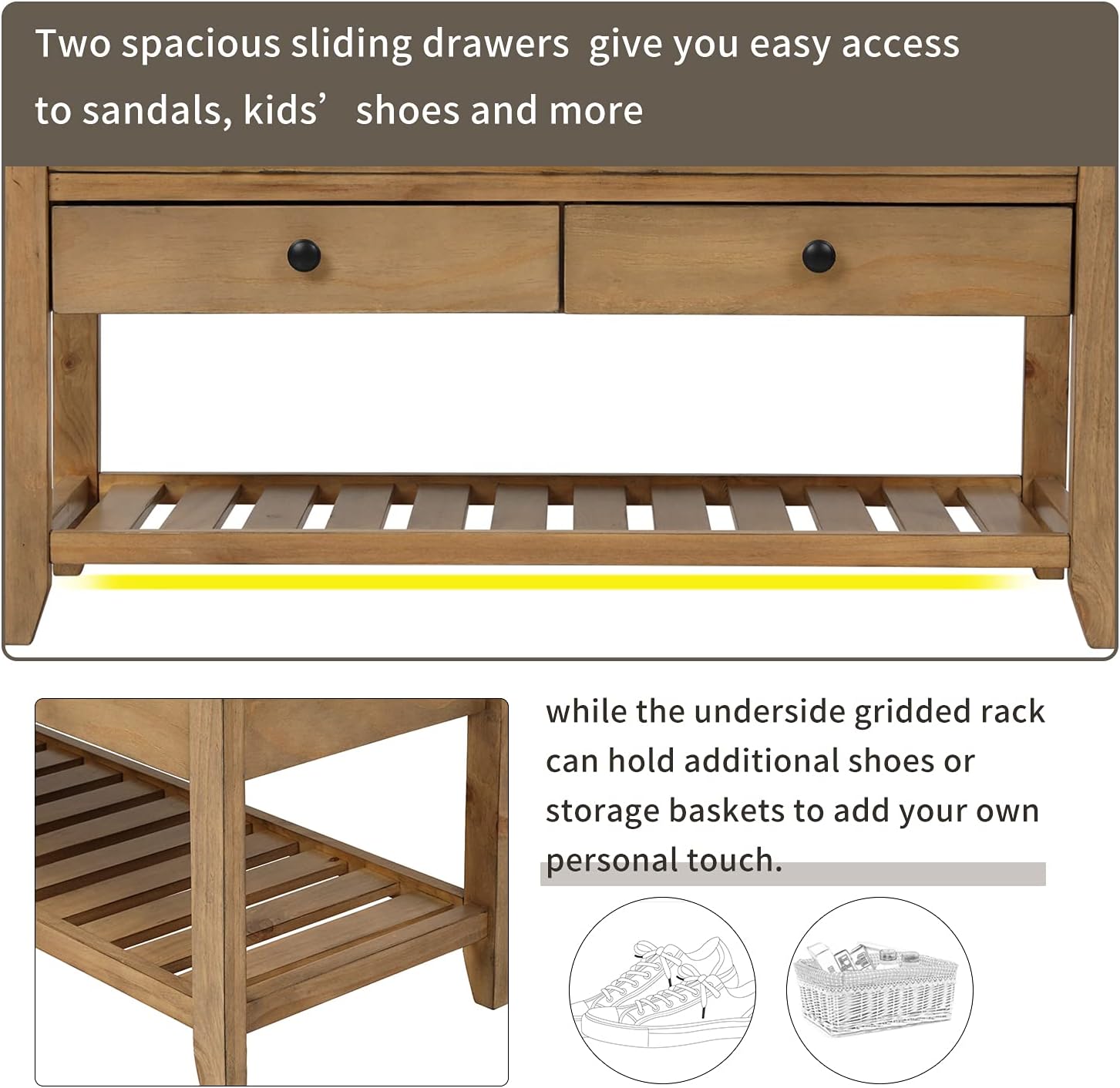 Harper & Bright Designs TREXM Shoe Rack with Cushioned Seat and Drawers, Multipurpose Entryway Storage Bench (Old Pine)