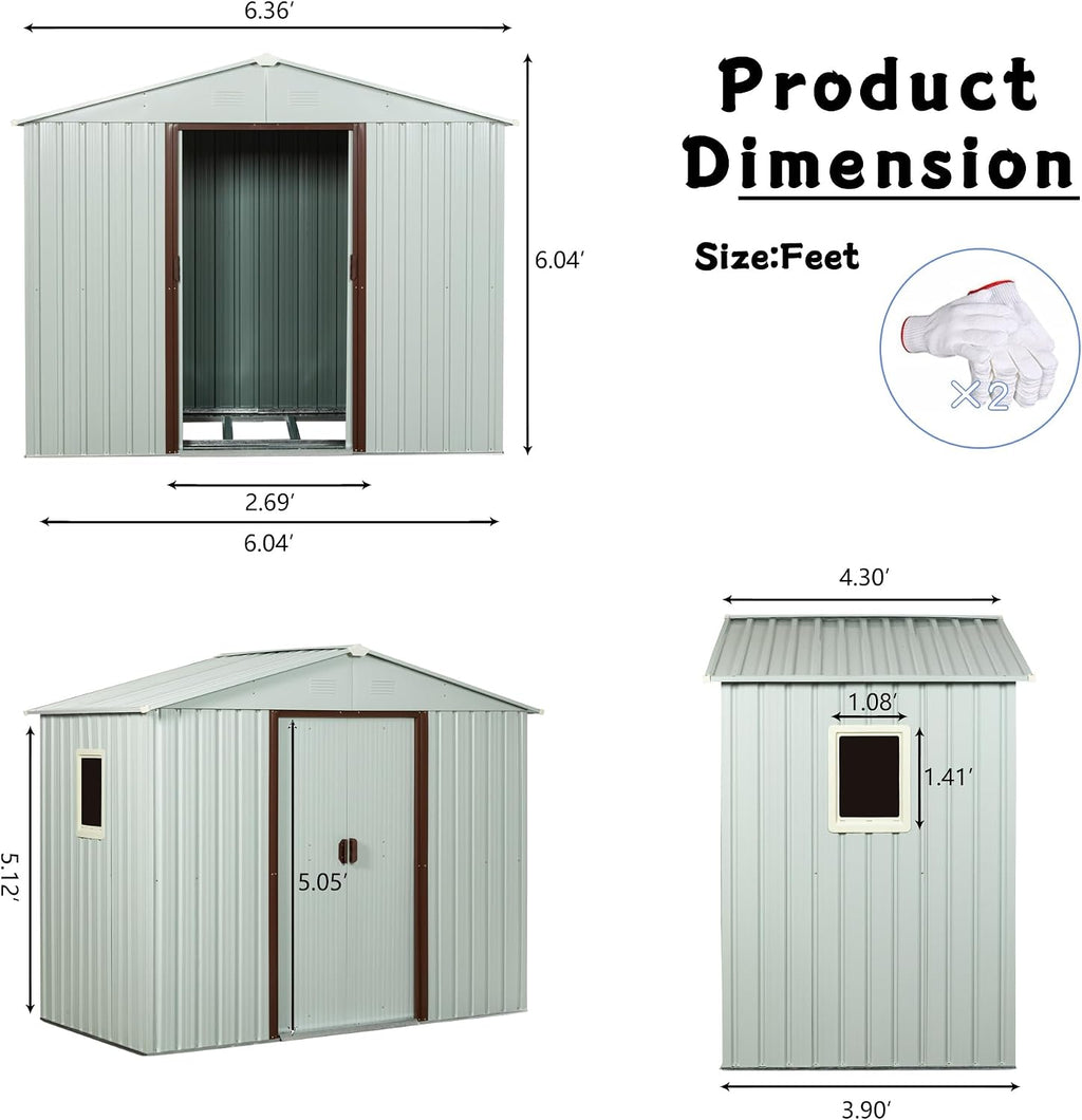 6 x 5 FT Outdoor Storage Shed, Metal Garden Shed with Floor Frame, Tool Shed Outdoor Storage with Lockable Sliding Doors & Window & Air Vents, Storage House Waterproof for Backyard, Lawn, White