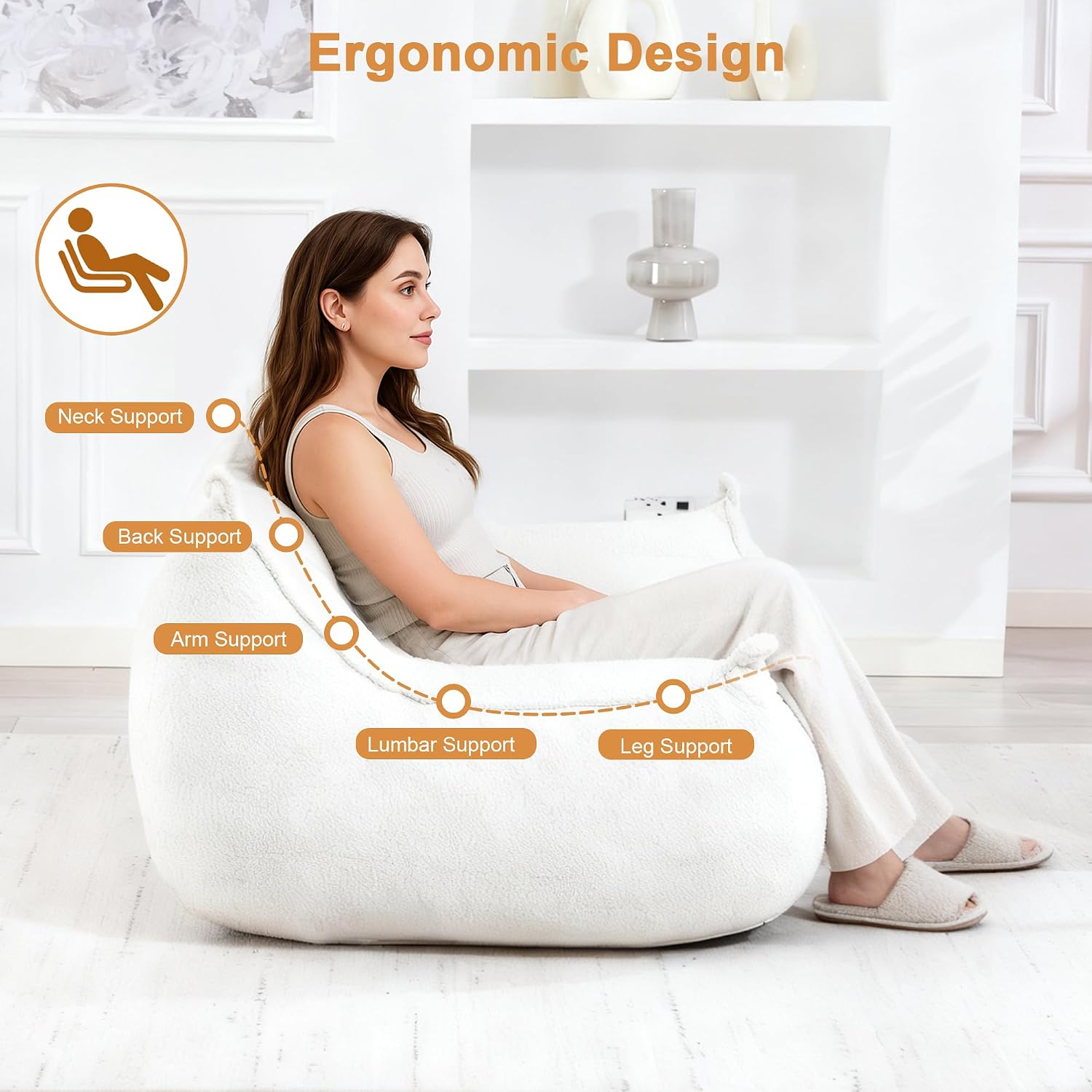 White Bean Bag Chair for Adults & Kids, Ergonomic Big Bean Bag Sofa with Full Body Support, Faux Fur Beanbag Chair, Stuffed Floor Sofa for Living Room, Bedroom, Apartment, White (2 Seat)