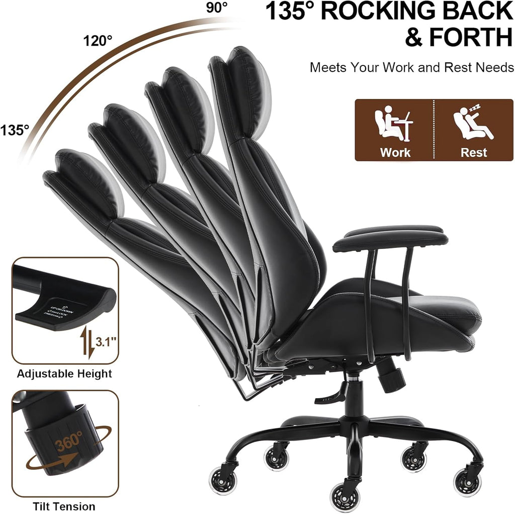E-Motie Office Chair, Leather Desk Chair with Rubber Wheels, Ergonomic Computer Chair 500 LBS with Lumbar Support, High Back Executive Chair for Modern Home Office, Black