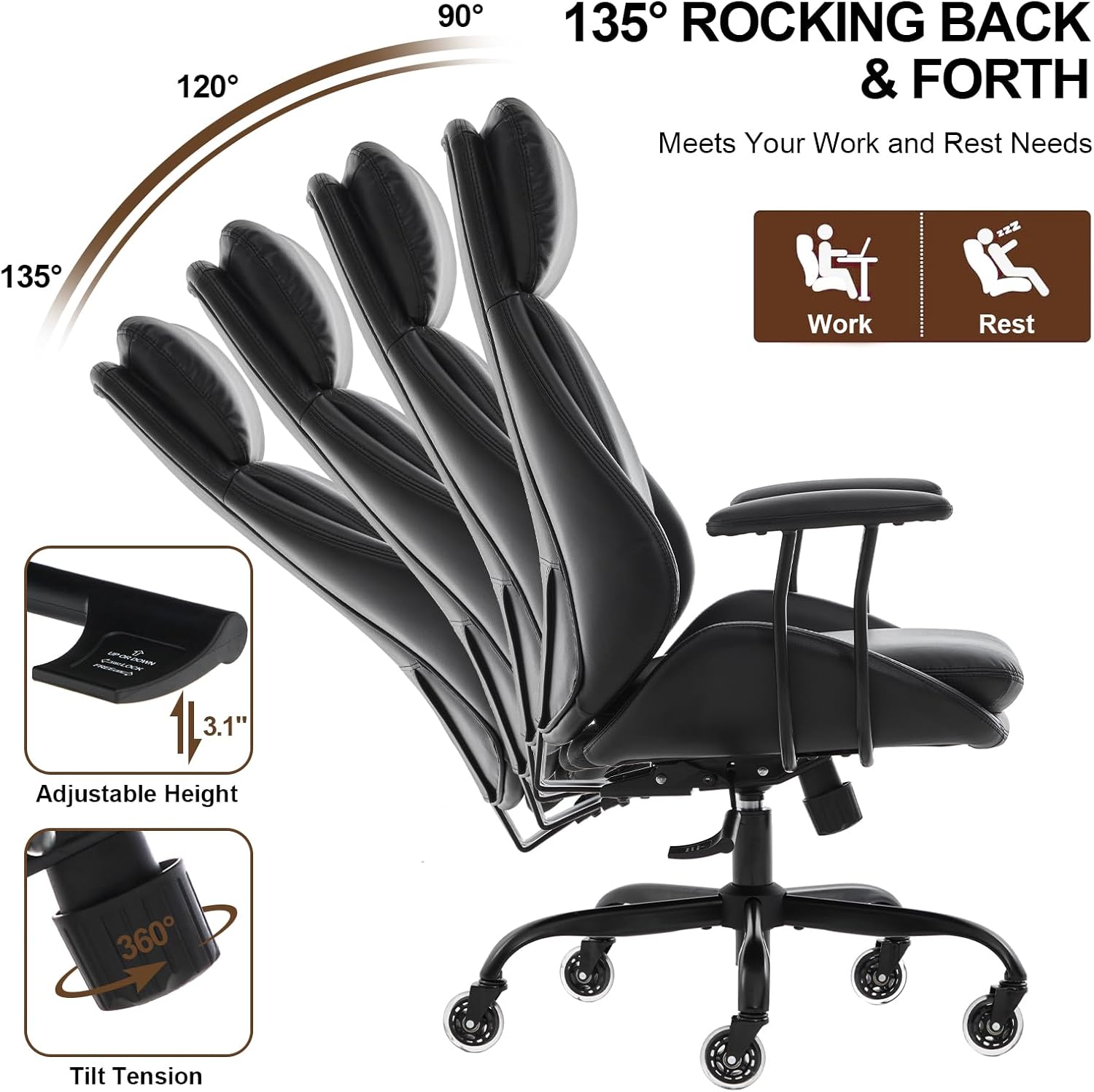 E-Motie Office Chair, Leather Desk Chair with Rubber Wheels, Ergonomic Computer Chair 500 LBS with Lumbar Support, High Back Executive Chair for Modern Home Office, Black