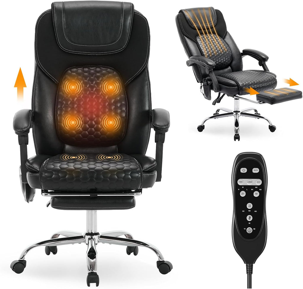 MALOL Massage Office Chair with Heat and Footrest - 3-Level 65°C Targeted Heating, 20-Min Easy Assembly Leather Desk Chair, Big and Tall Executive Computer Chair with Side Pocket, 300 lbs, Black