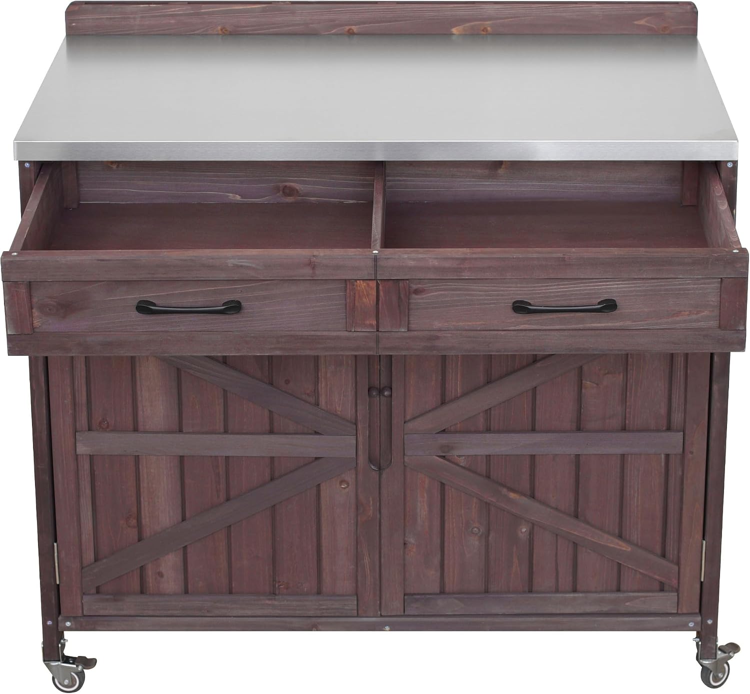 LUMISOL Outdoor Grill Cart Set with Stainless Steel Station, 2 Piece Outdoor Kitchen Island Set with Faucet, Drawer, 2 Door Shelves, Outdoor Storage Cabinet with Storage Racks & Wheels, Dark Brown