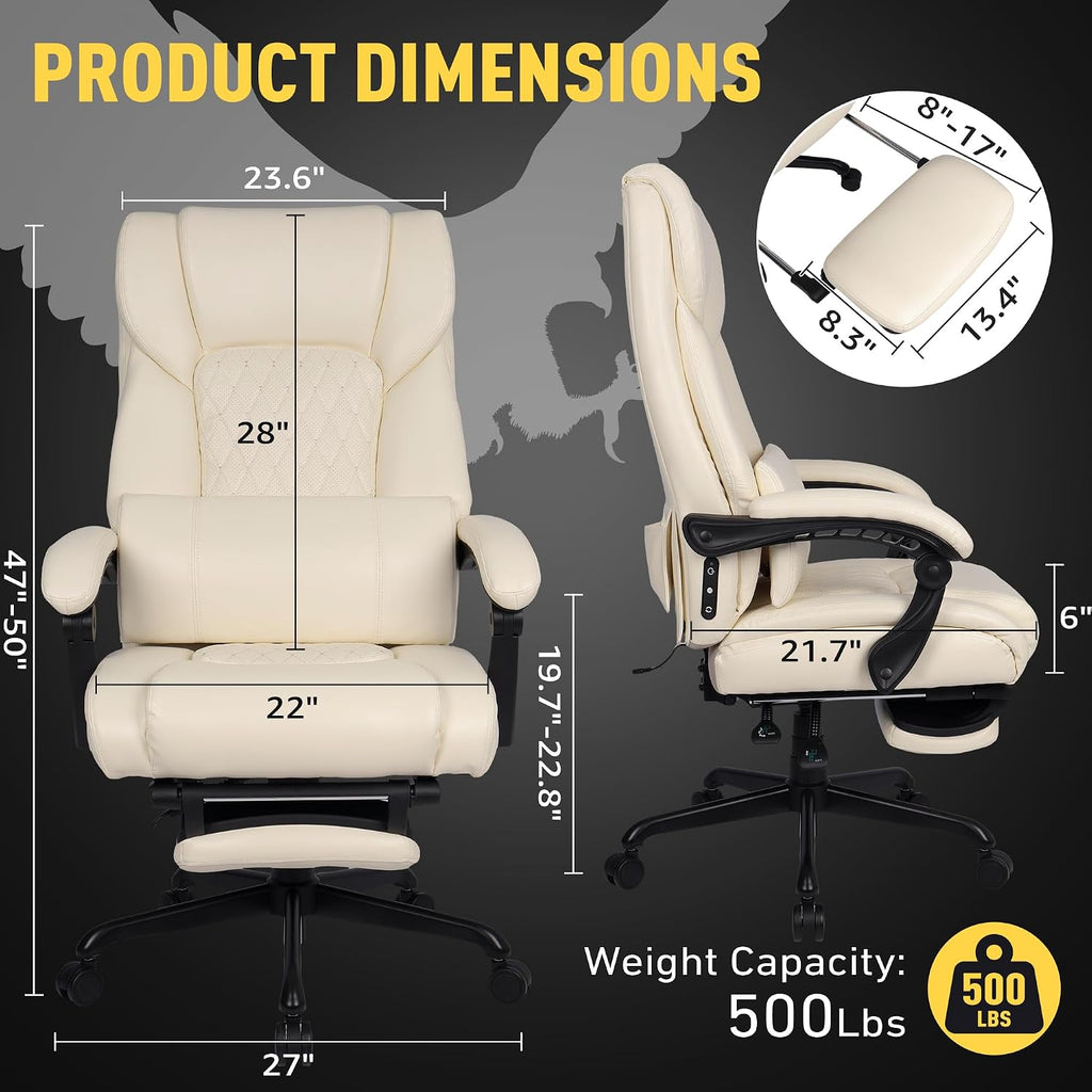 3D Kneading Massage Office Chair with Heat, 500 lbs Big and Tall Executive Computer Desk Recliner, Leather Electric Heated Office Chairs with Massage & Footrest