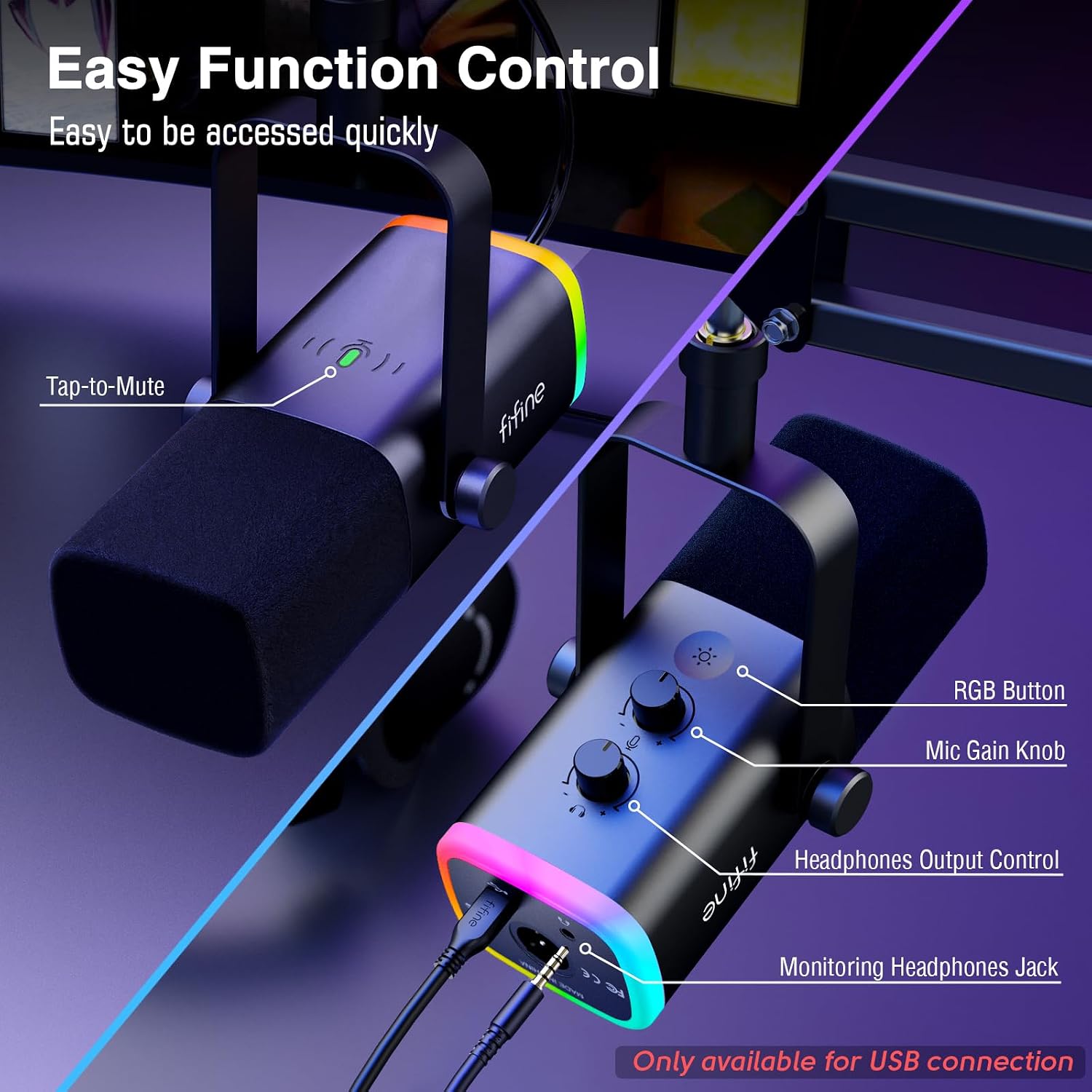 FIFINE XLR/USB Gaming Microphone Set and Gaming Audio Mixer,Dynamic PC Mic for Streaming Podcasting,RGB Recording Mixer with XLR Microphone Interface,Computer RGB Mic Kit with Boom Arm Stand(AM8T+SC3)