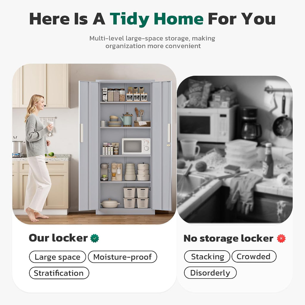 Greenvelly 63' H Metal Storage Cabinet Dark Grey, Locking Metal Cabinet, Store Tools, Clothes, Tableware and Toiletries, Garage Cabinets with Adjustable Shelves for Office, Home, Garage, Pantry