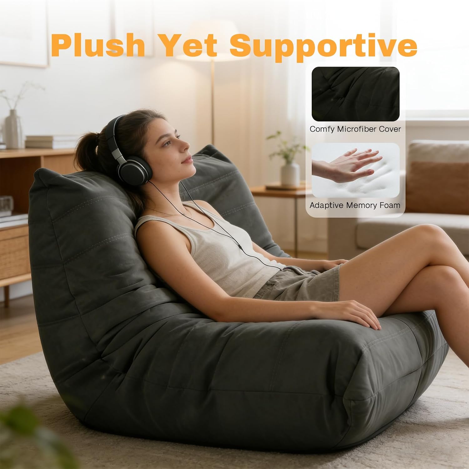 Giant Gaming Bean Bag Chair for Adults & Kids, Oversized Memory Foam Beanbag Couch Reading Chairs with Armless Design, Large Beanbag Sofa Floor Lounger Chair (Dark Gray, Single, Modern)