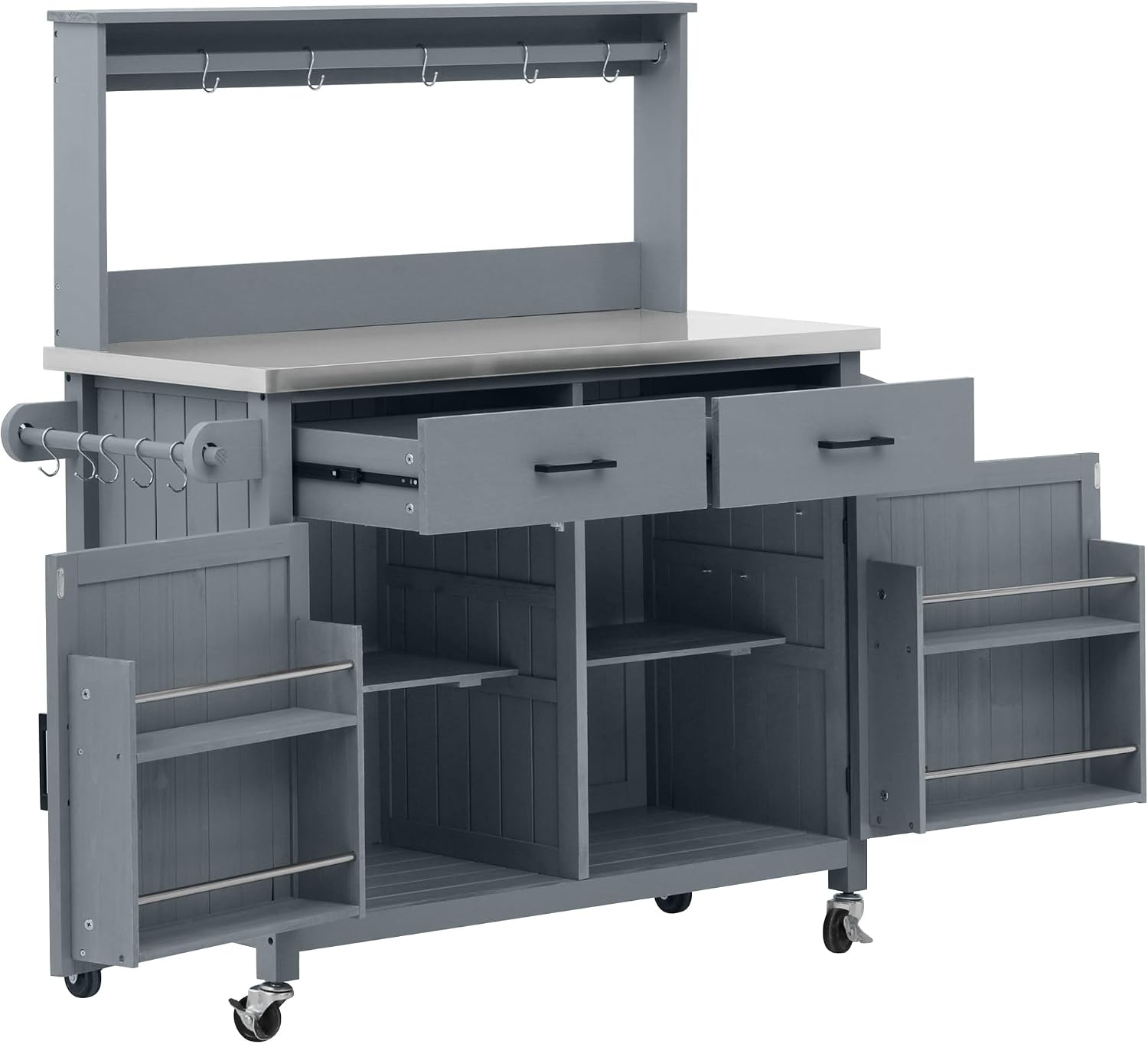 LUMISOL Grill Cart with Stainless Steel Top & High Shelf, Outdoor Solid Wood Kitchen Island with Lockable Wheels, Large Potting Bench Table with Storage Cabinet & Towel Rack, Grey+Blue