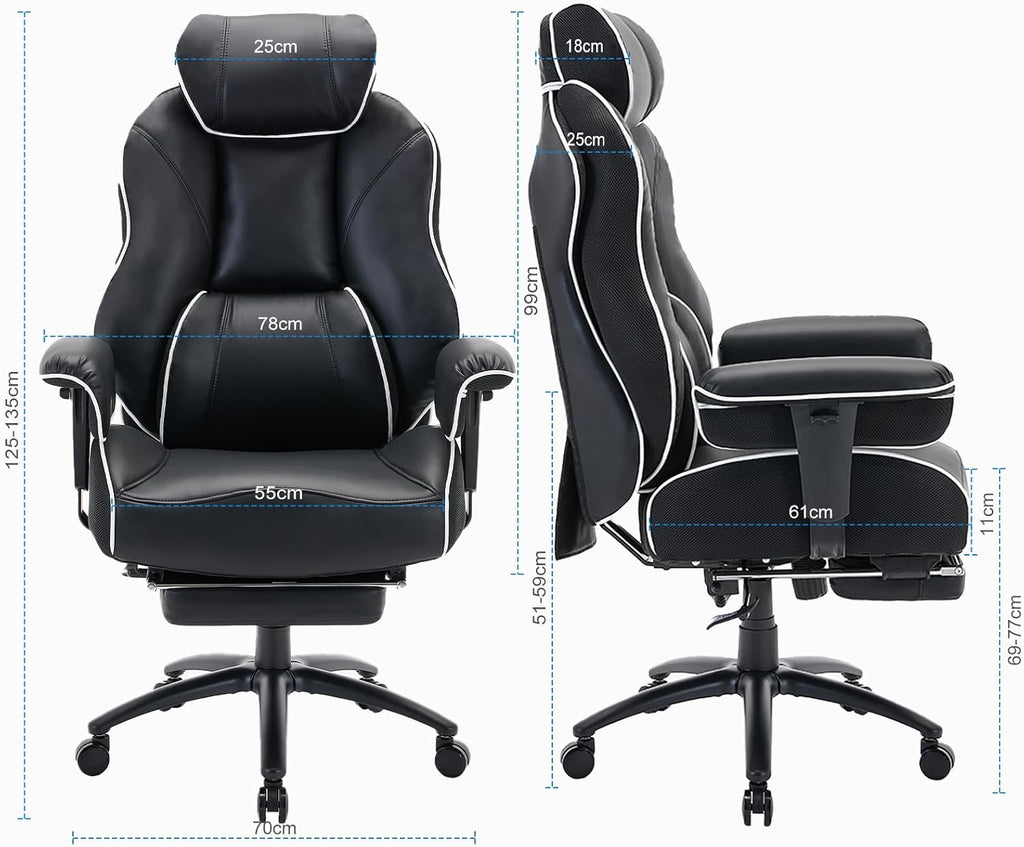 DJWang Big and Tall Office Chair with Foot Rest, High Back Executive Office Chair, PU Leather Ergonomic Chair with Lumbar Support, 135 Reclining Chair with Thickened Spring Cushion, Black